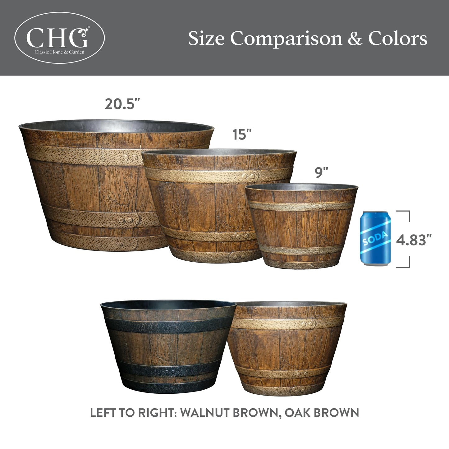 Classic Home & Garden Whiskey Barrel Planters - Wood Finish Flower Planter Pot - Decorative Garden Pots - Indoor & Outdoor Resin Planters - Weather-Resistant Planting Pots (9" Walnut Brown, Pack of 1)
