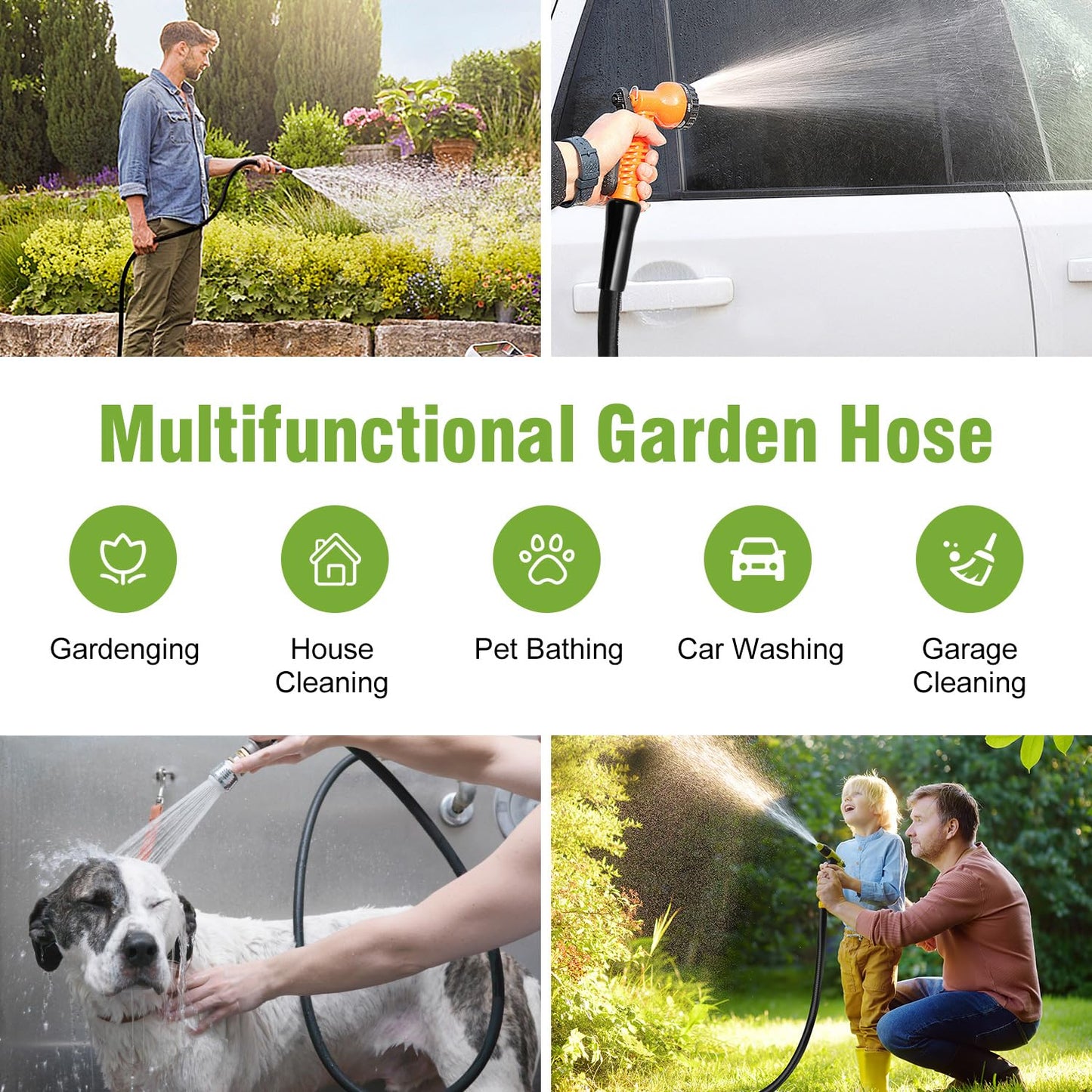 Beitopamz 150 ft Garden Hose, 5/8 in Heavy Duty Water Hose, Flexible and Durable, Lightweight Rubber Hybrid Hose, Leak-Free Connections, Male to Female 3/4'' Brass Fittings for Patio, Lawn, Black