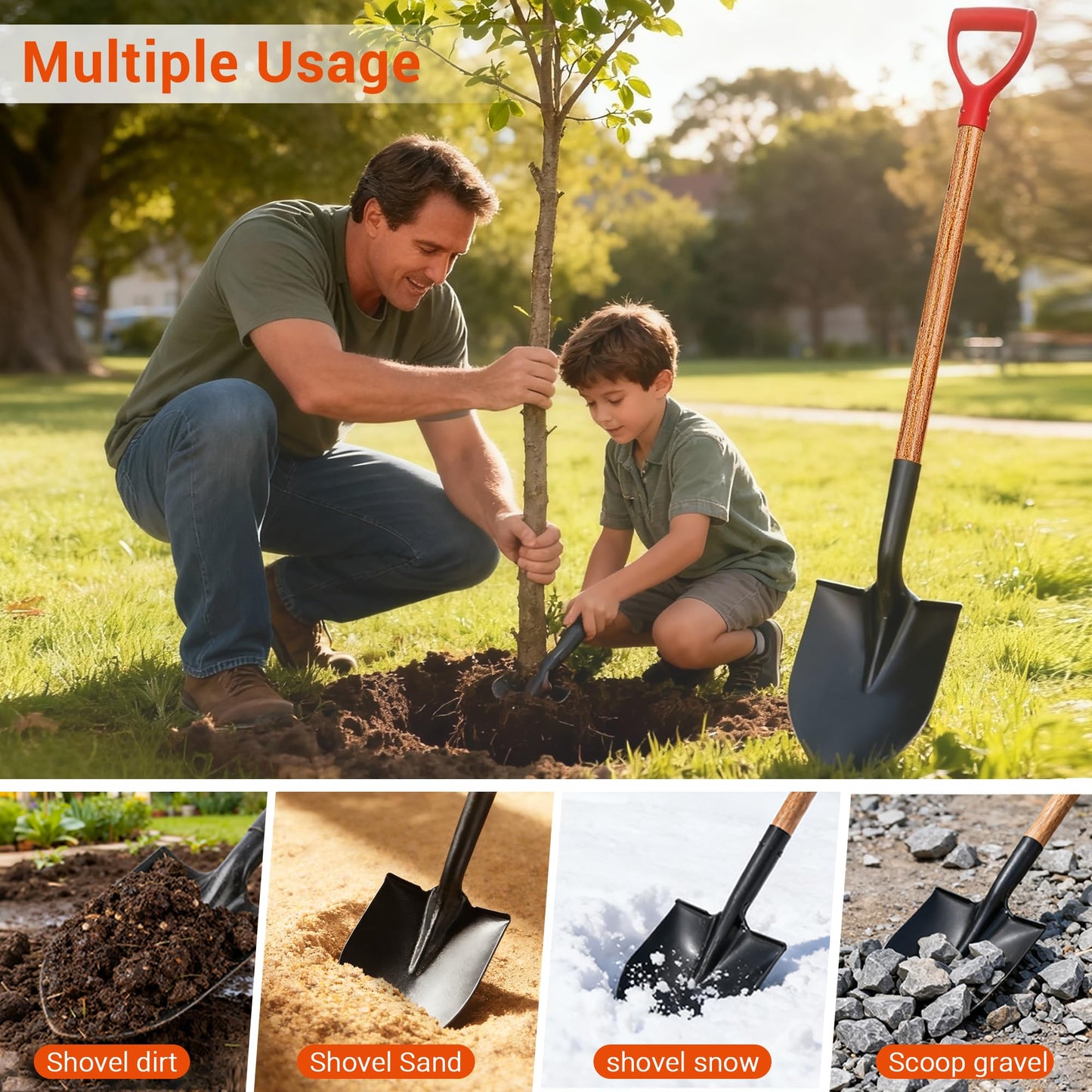 LA ZINNIA 41" Round Shovel, Garden Tool with D-Handle, Shovel for Digging, Wooden Handel Garden Shovel,Beach Shovel, Car Snow Shovel