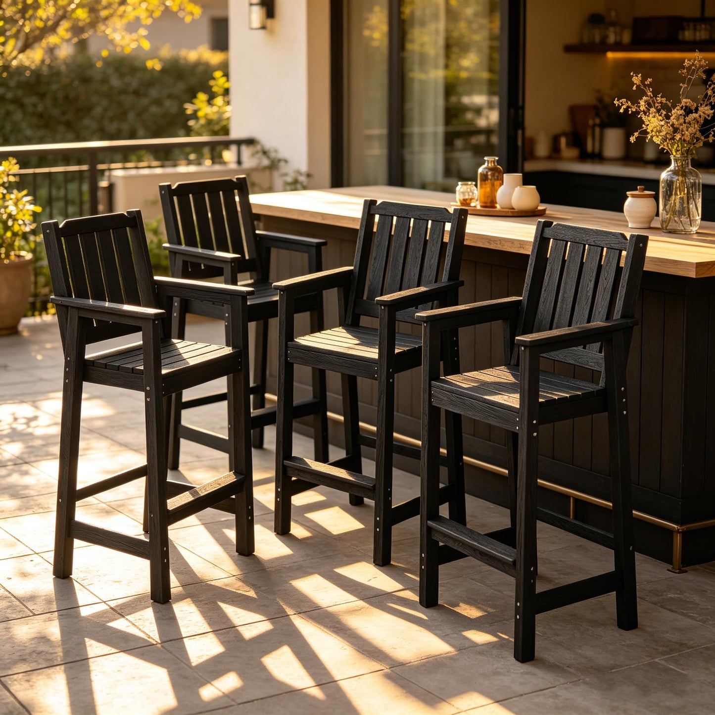 GarveeHome Outdoor Bar Chairs Set of 4, Patio HDPE Garden Chairs with Ergonomic Wide Seat and Footrest, Waterproof, All-Weather Durable Bar Stools for Balcony, Backyard, Poolside, Black