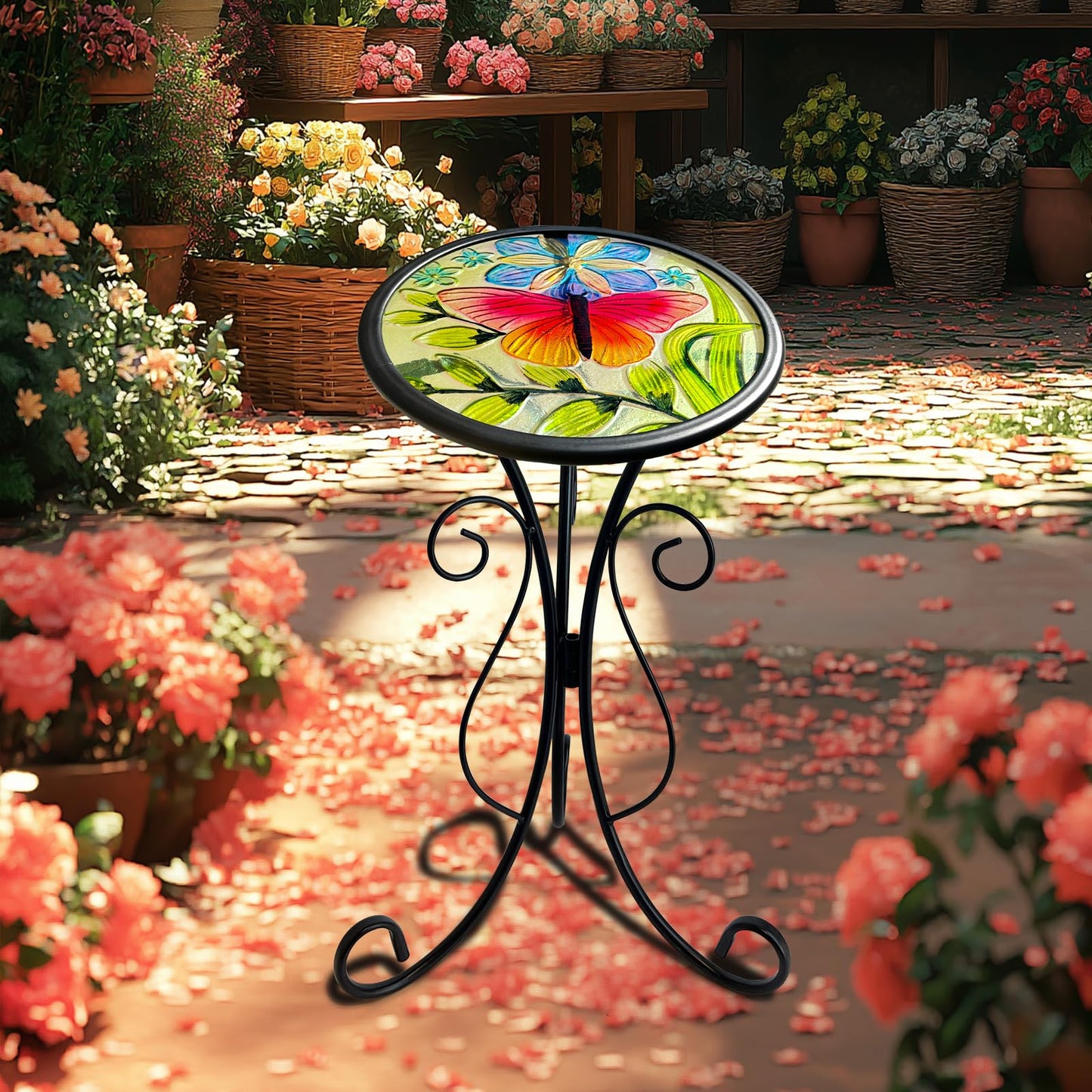 HONGLAND Outdoor Side Table, Small Outdoor Table, 12" Round Patio Side Table End Table, Glass Plant Stand, Small Bistro Coffee Table for Garden Patio Porch Living Room (Butterfly)