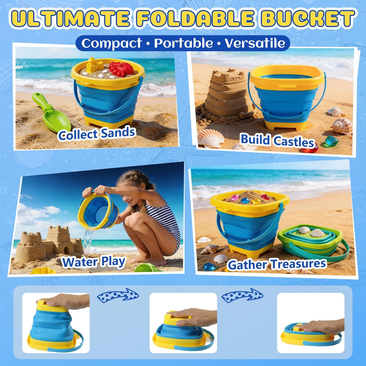 UBeesize 37 PCS Beach Toys , 3-in-1 Construction & Treasure Hunt Sand Toys with 2 Collapsible Buckets, 2 Trucks, Castle Building Kit, Sand Sifter and Shovels, Mesh Bag Sandbox Toys for Toddler 3-10