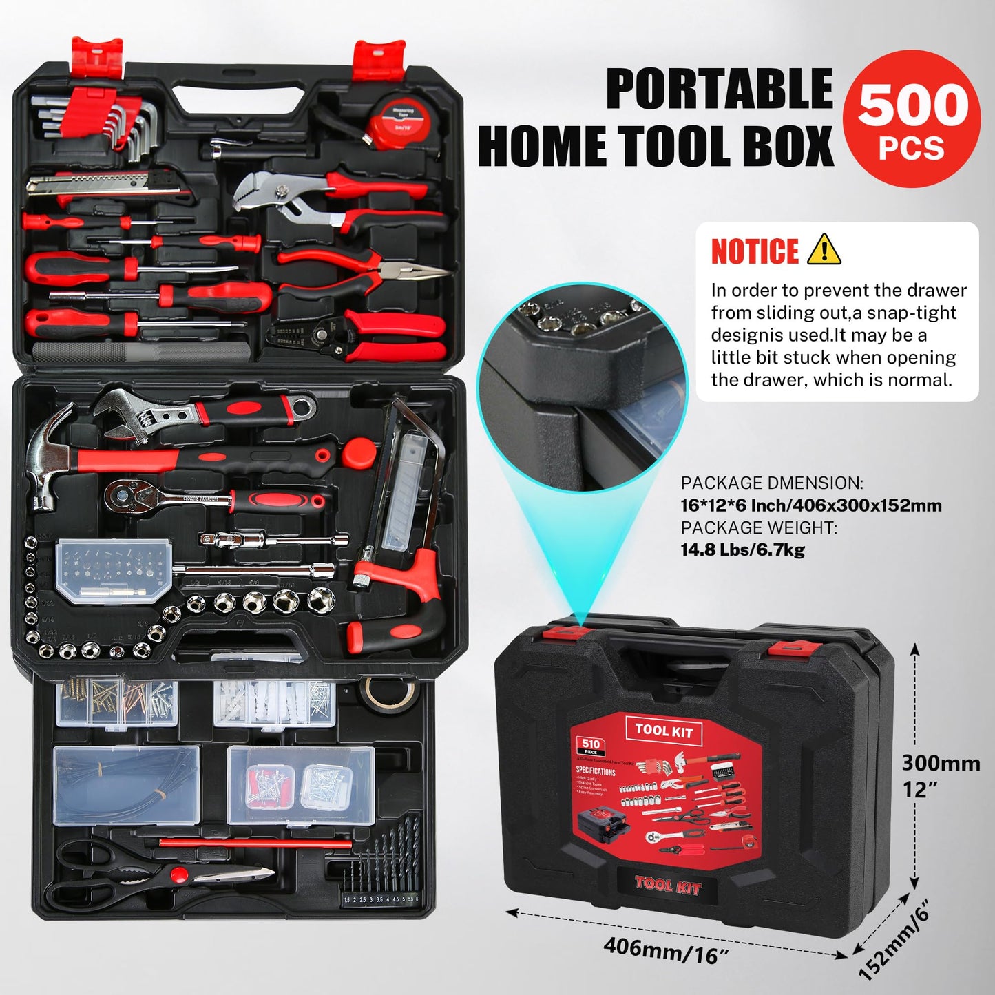 winturbor 500-Piece Home Repair Tool Set with Drawer Toolbox – Comprehensive Household & Auto Maintenance Kit for DIY Enthusiasts, Homeowner, Handyman (500 PCS Black+Red)