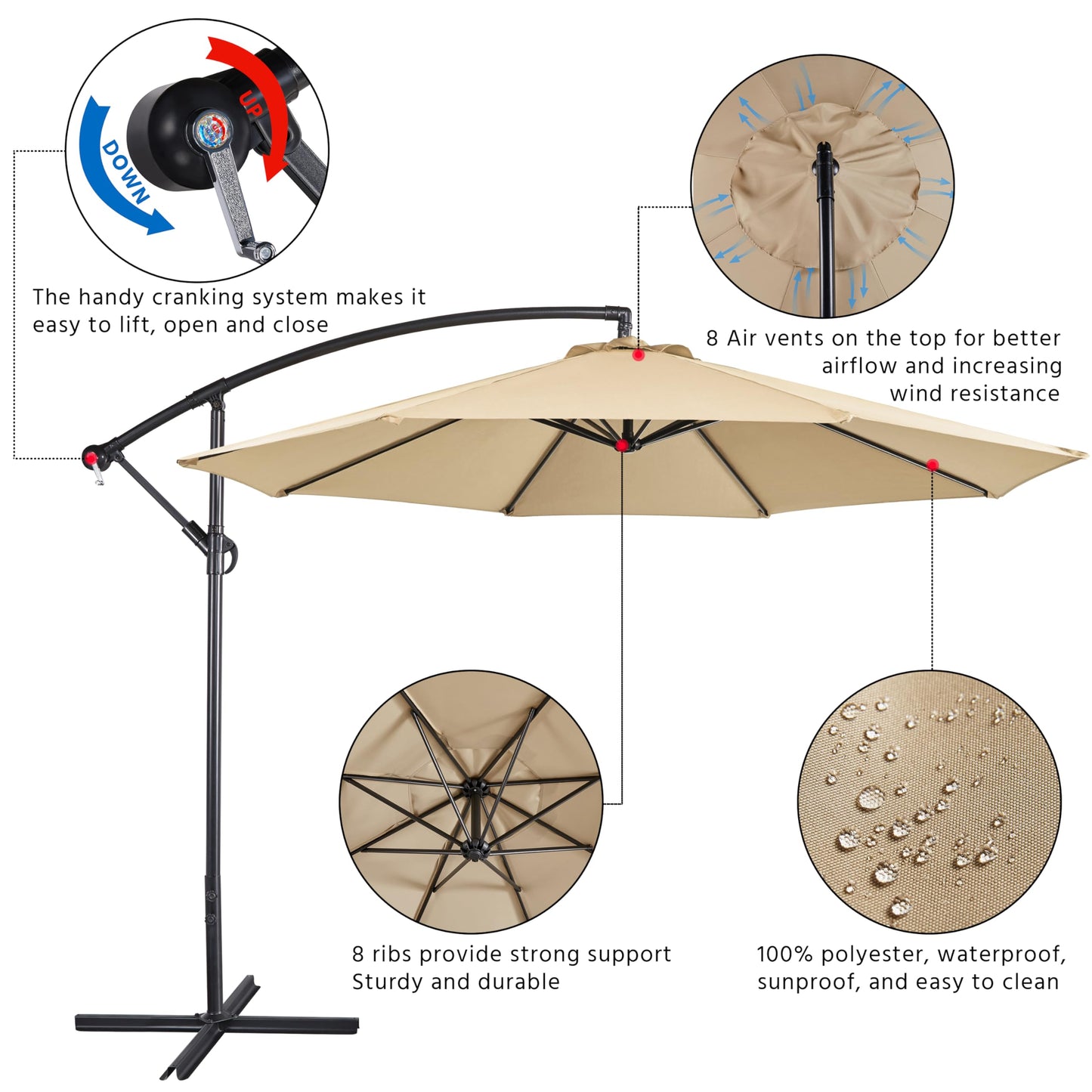 Yaheetech 10FT Patio Offset Umbrella - Cantilever Hanging Outdoor Umbrellas w/UV Protection & 8 Ribs & Handy Crank & Cross Base for Market/Garden/Lawn/Deck/Backyard/Pool - Tan