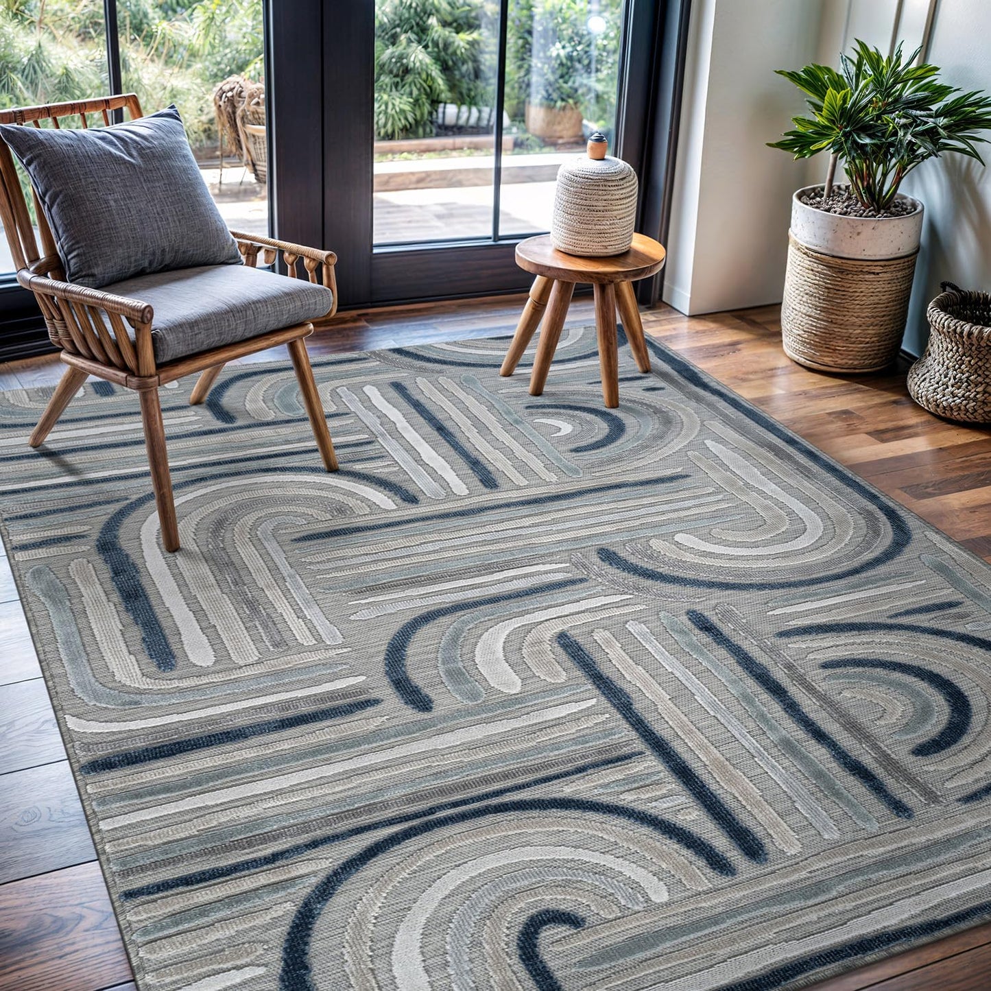 CAMILSON Indoor Outdoor Rug, Blue 5x7 Geometric Arch Striped Area Rugs for Patio and Home Areas, Easy-Cleaning Non-Shedding Living Room, Garden and Deck Washable Outside Carpet (5 x 7)