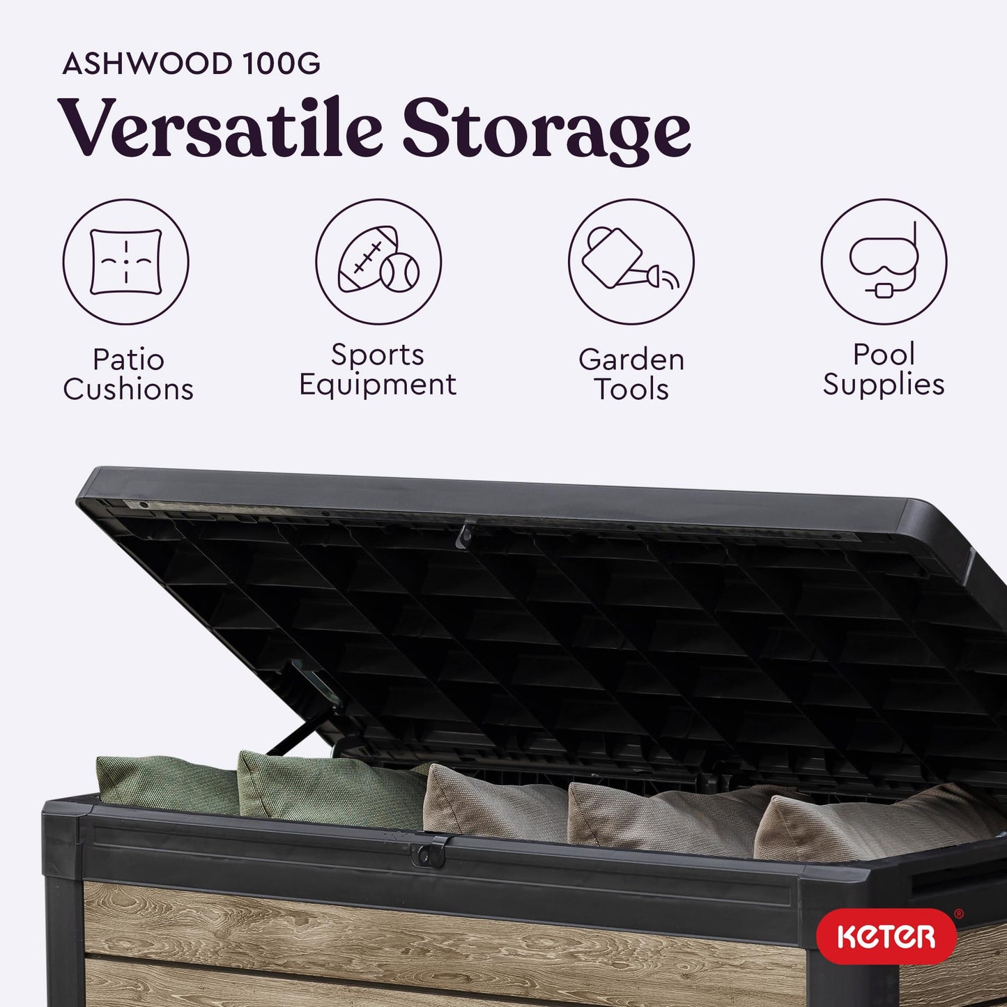 Keter Ashwood 100 Gallon Resin Deck Box Organization and Storage for Patio Furniture Outdoor Cushions, Throw Pillows, Garden Tools and Pool Toys, Brown