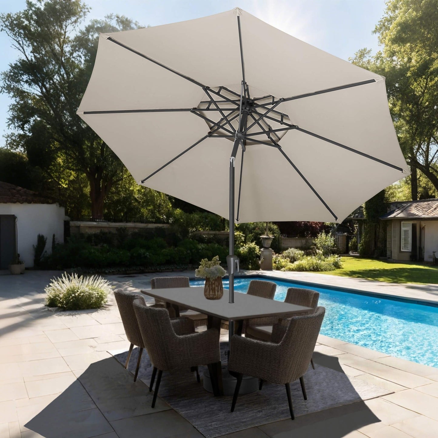 AckMizz 9ft Outdoor Patio Umbrella - 2-Tier Table Umbrella Waterprool UV Protection, Sombrillas de Patio with Push Button Tilt, Sun Umbrella for Pool, Porch, Garden, Backyard (Taupe)