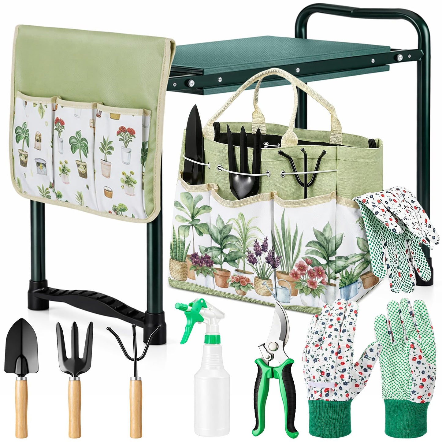 Sintuff 9 Pcs Garden Kneeler and Seat with Gardening Tools and Pouch Heavy Duty Gardening Stools for Seniors Foldable Garden Stool Gifts for Women Mom Employees Yard Outdoor Work Gift
