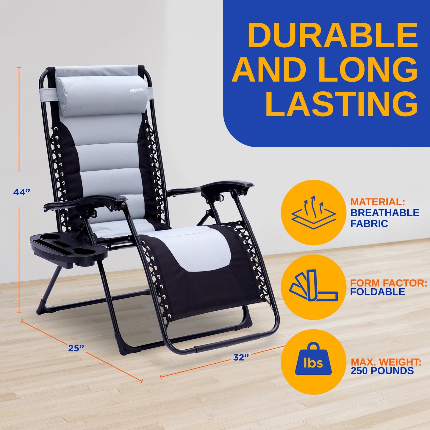 SereneLife Oversized Padded Zero Gravity Lounge Chair, Foldable Outdoor Patio Recliner, Anti Gravity Lawn Recliner with Cup Holder and Side Table for Backyard, Camping, Beach or Outdoor Relaxation