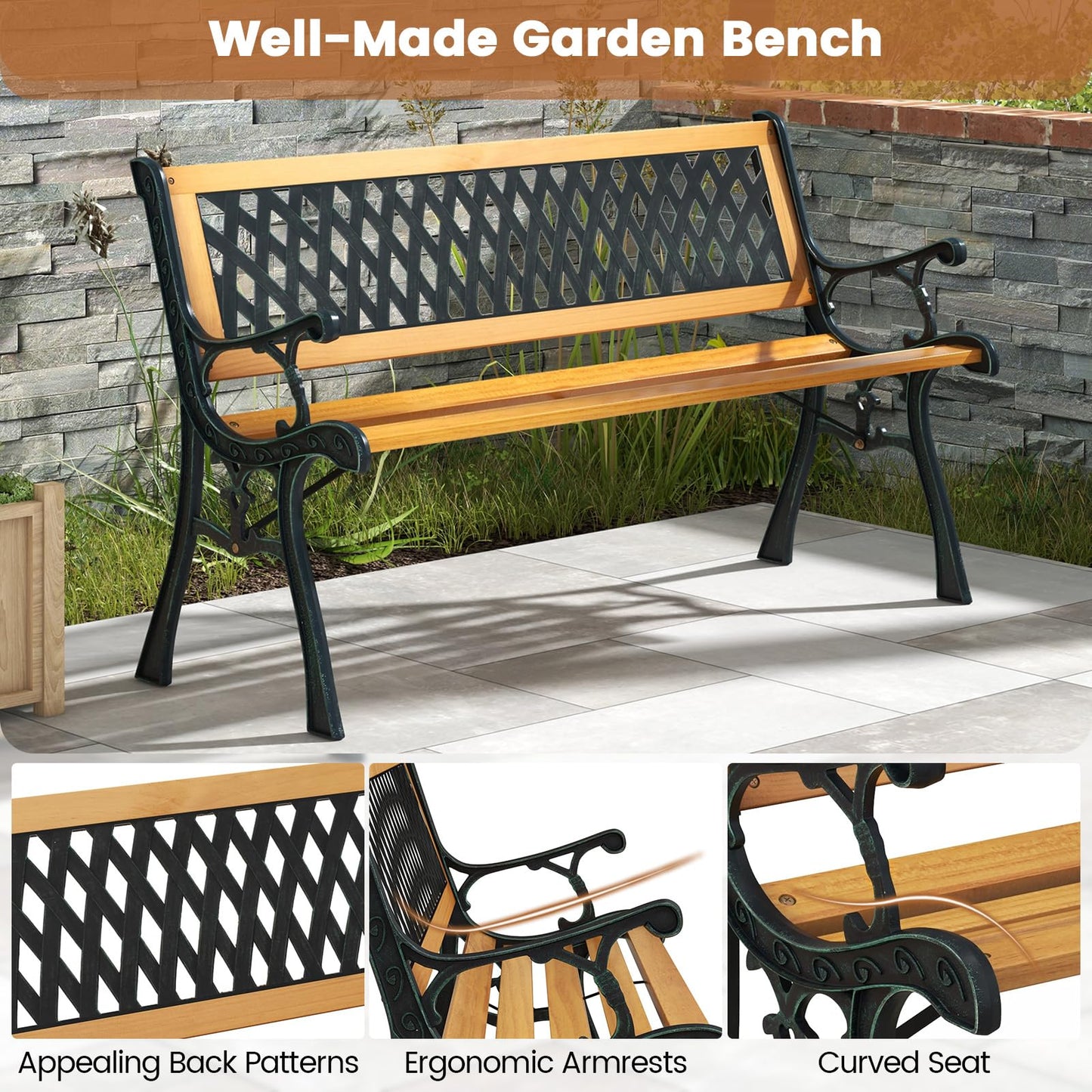 Tangkula Outdoor Garden Bench Park Bench, Patio Bench Chair with Cast Iron & Hardwood Structure, Weather Proof Porch Outdoor Furniture Loveseat, Perfect for Backyard, Deck, Lawn, Poolside