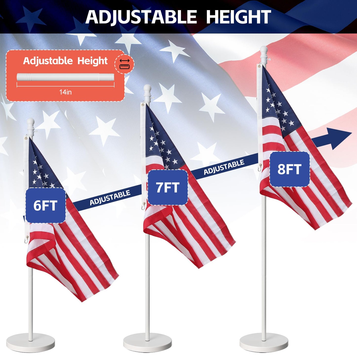 Flag Stand Indoor - 1" Heavy Duty Metal Flag Pole Set with Base,6-8ft Adjustable,Portable & Free Standing For Office,Meeting Room,Classroom,Entry Area,Outdoor Porch Deck (White)