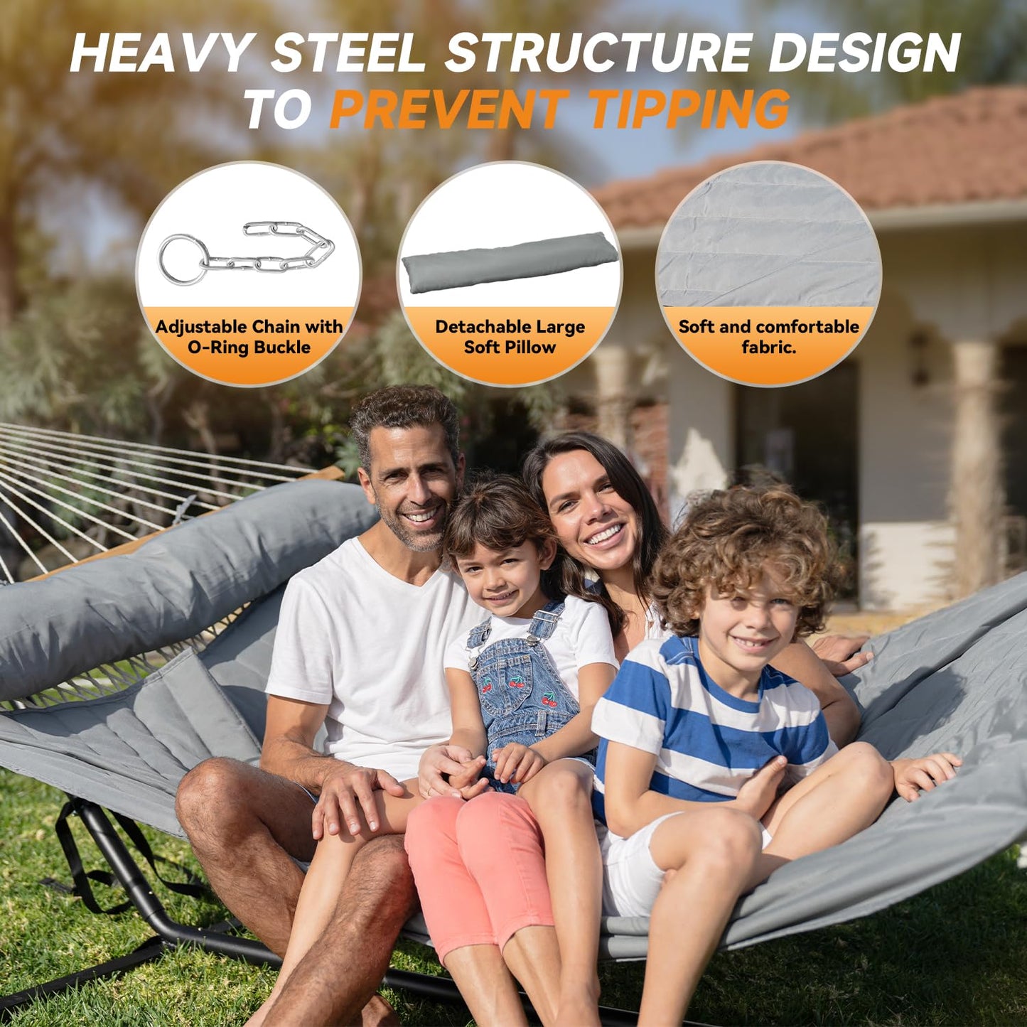 Everyfun 2 Person Outdoor Hammock with Stand, Cotton Rope Hammock with Polyester Pad, Adjustable Steel Frame, Portable with Carrying Bag – for Patio, Backyard, Garden, Beach,Dark-Gray