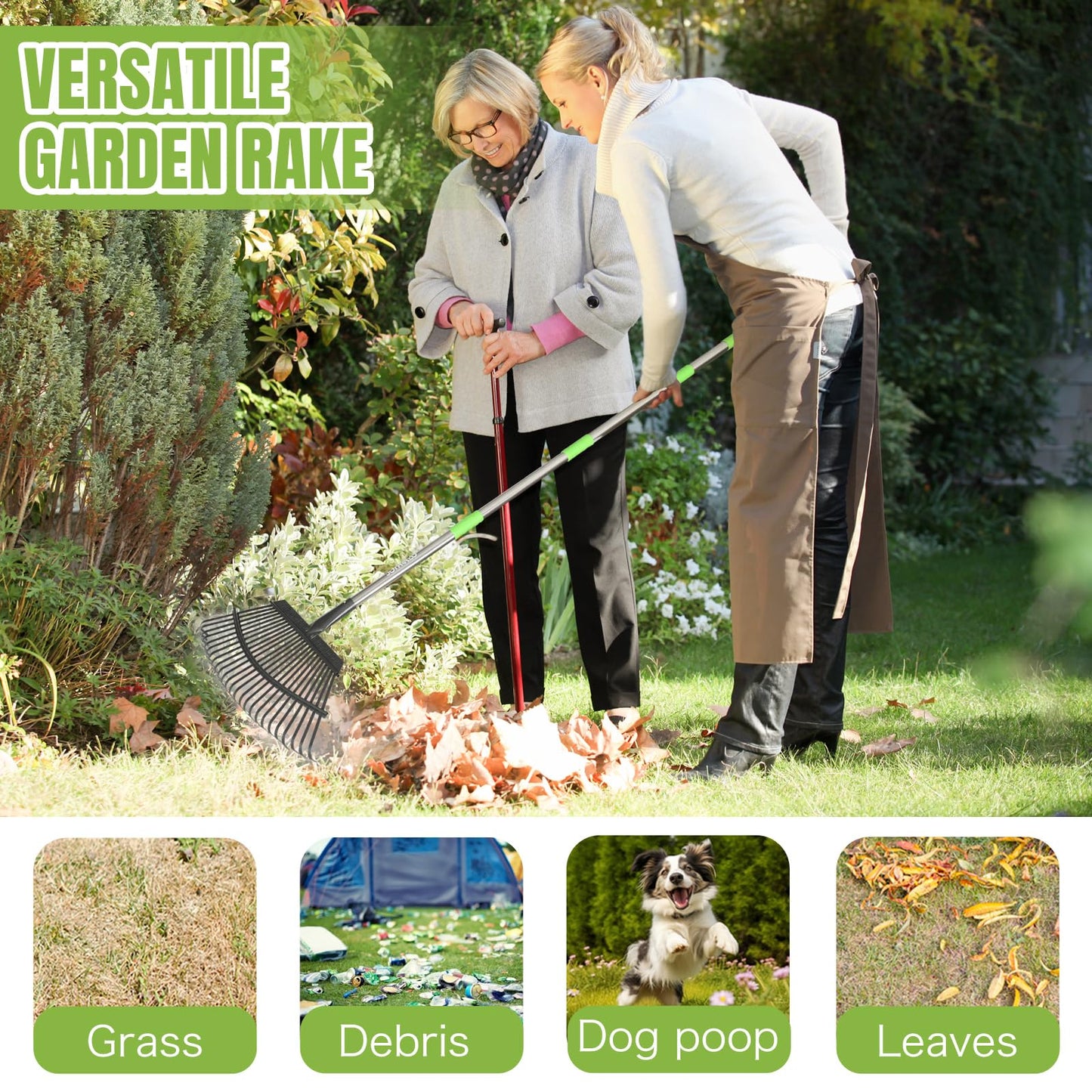 Joyhalo Rake for Leaves Adjustable 65 Inch Long, 18 Inch Wide Garden Rake with 25 Tines, Metal Leaf Rakes, Rakes for Lawns, Gathering Leaves, Weeds, Debris