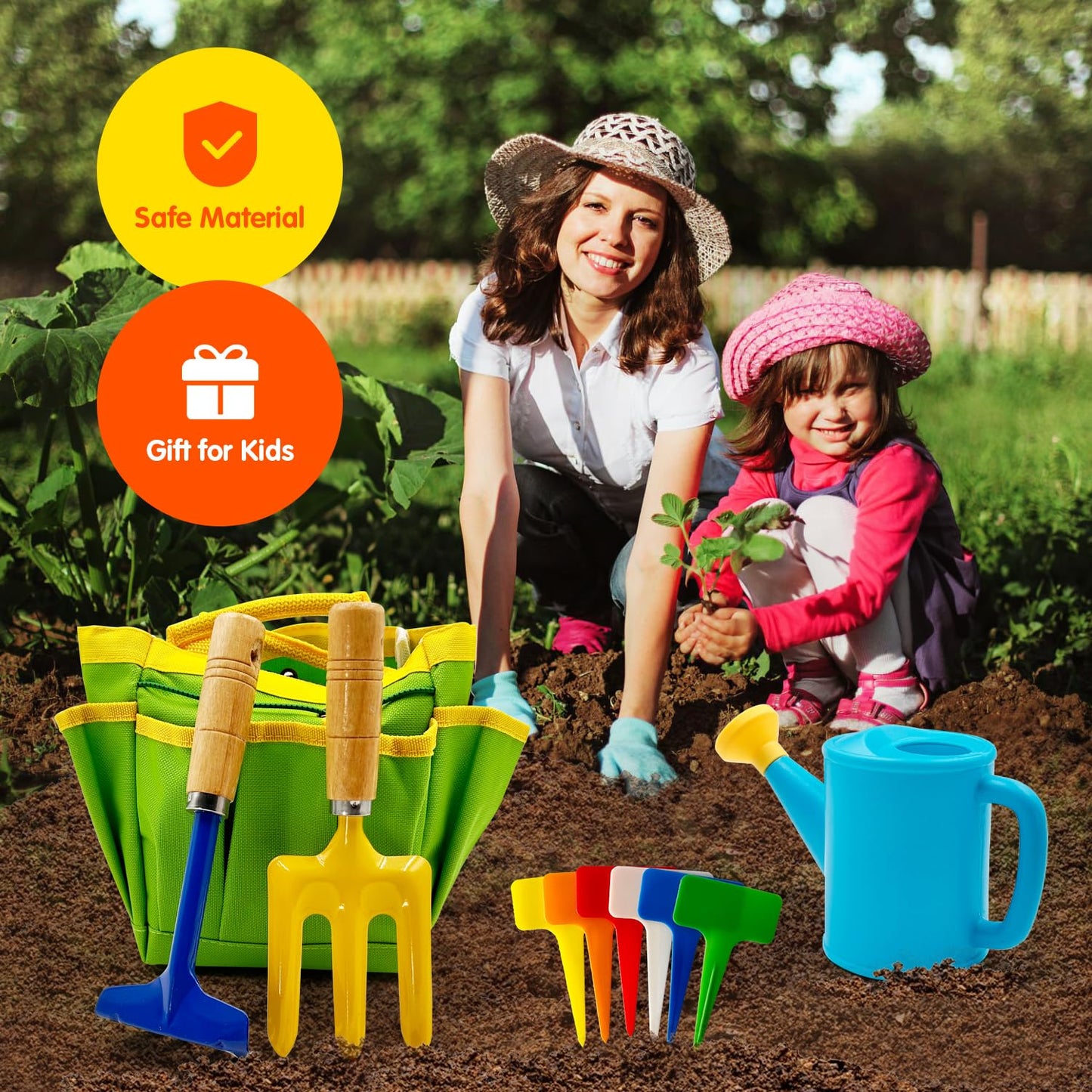 Kids Gardening Tools Set Includes Toddler Gardening Gloves, Sturdy Tote Bag, Watering Can, Shovel, Rake, Trowel, Children Apron, Garden Notebook - Easter Gifts for Toddler