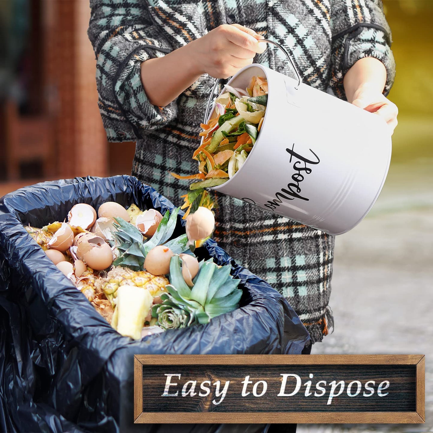 DAYYET Compost Bin Kitchen, 1.3 Gallon Farmhouse Kitchen Compost Bin Countertop, Indoor Countertop Compost Bucket with Lid and Charcoal Filters, White