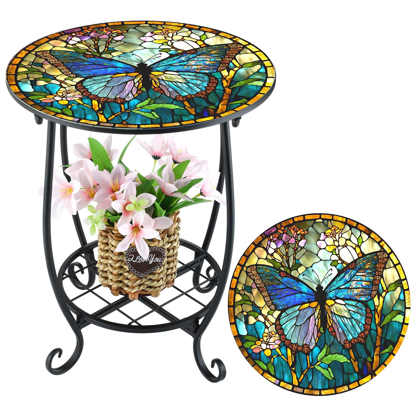 Cinnvoice Outdoor Side Table Round Small Mosaic Patio Accent Indoor End Plant Coffee Tea Table for Yard Patio Porch Garden Living Room, Bedroom(Butterfly Style,14 Inch)