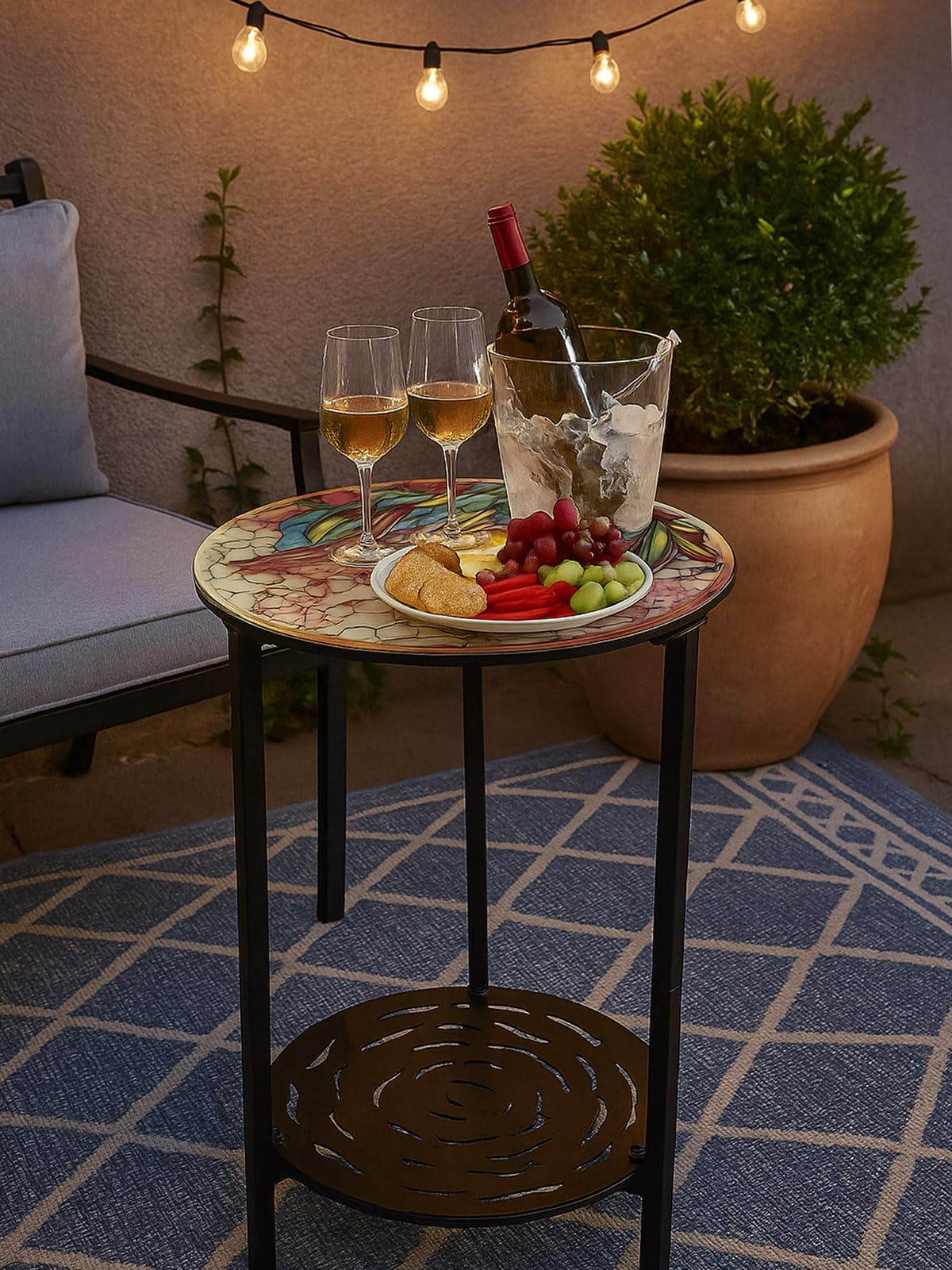 lucpur 2-Tier Metal Round Side Table Black Accent Coffee Tables Small Space Corner Plant Stand Shelf for Indoor Outdoor Use Patio Balcony End Table Butterfly Print Weather-Resistant