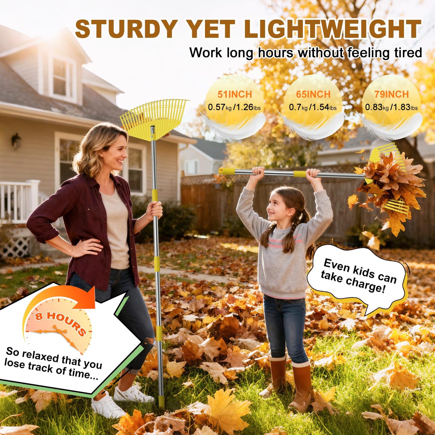 Leaf Rake - 16.5" Wide Nylon Plastic Head,65" Adjustable Handle,Heavy Duty for Leaves,Grass,Pine Needle,Mulch, Small Debris,Lawn-Friendly Tines,Lightweight for Women,Seniors & Kids