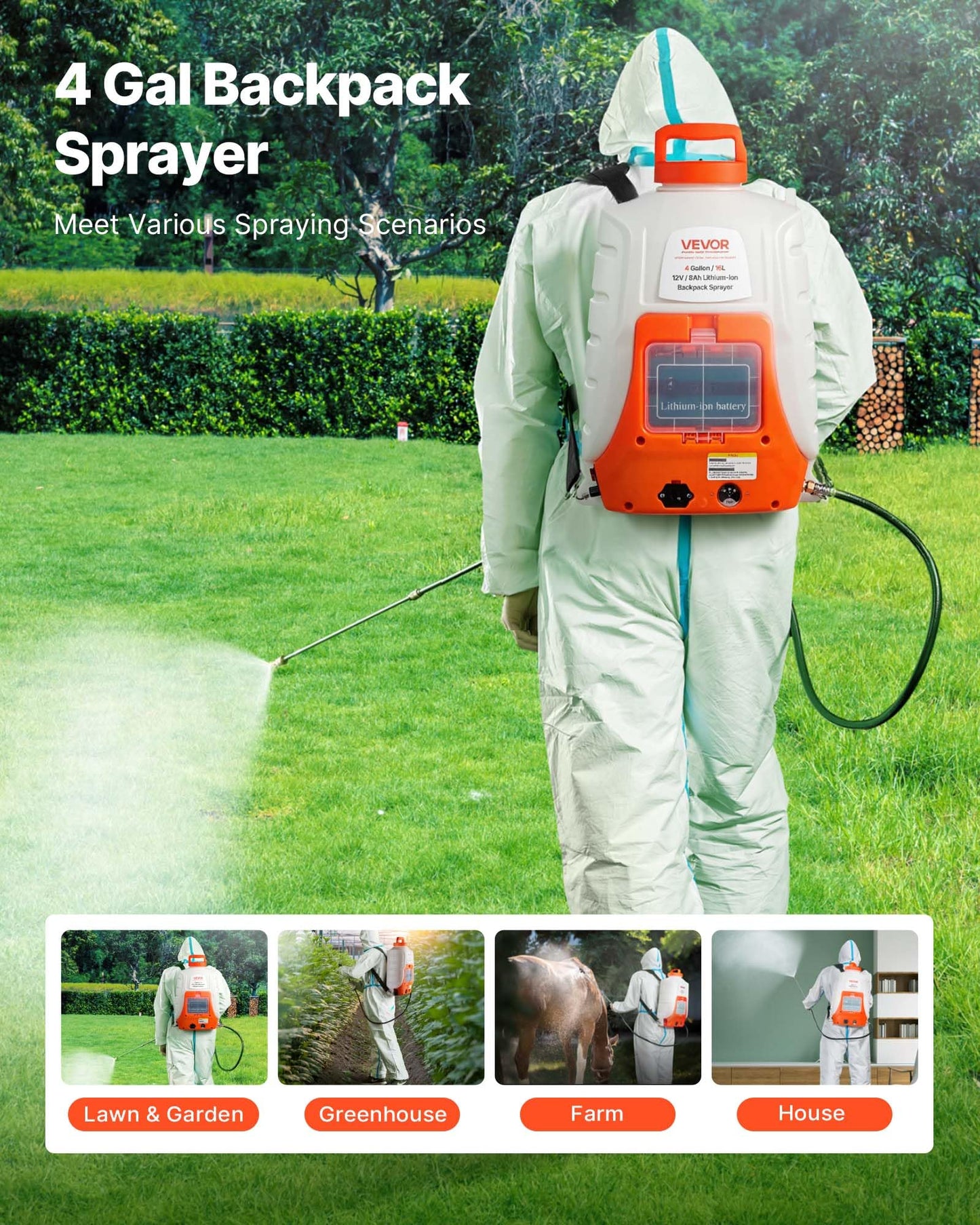 VEVOR Battery Powered Backpack Sprayer, 4 Gallons Electric Lawn Sprayer with 8 Nozzles & 2 Telescopic Wands, 90PSI Adjustable Pressure, 4-6 Hour Runtime, Yard Sprayers for Lawn and Garden