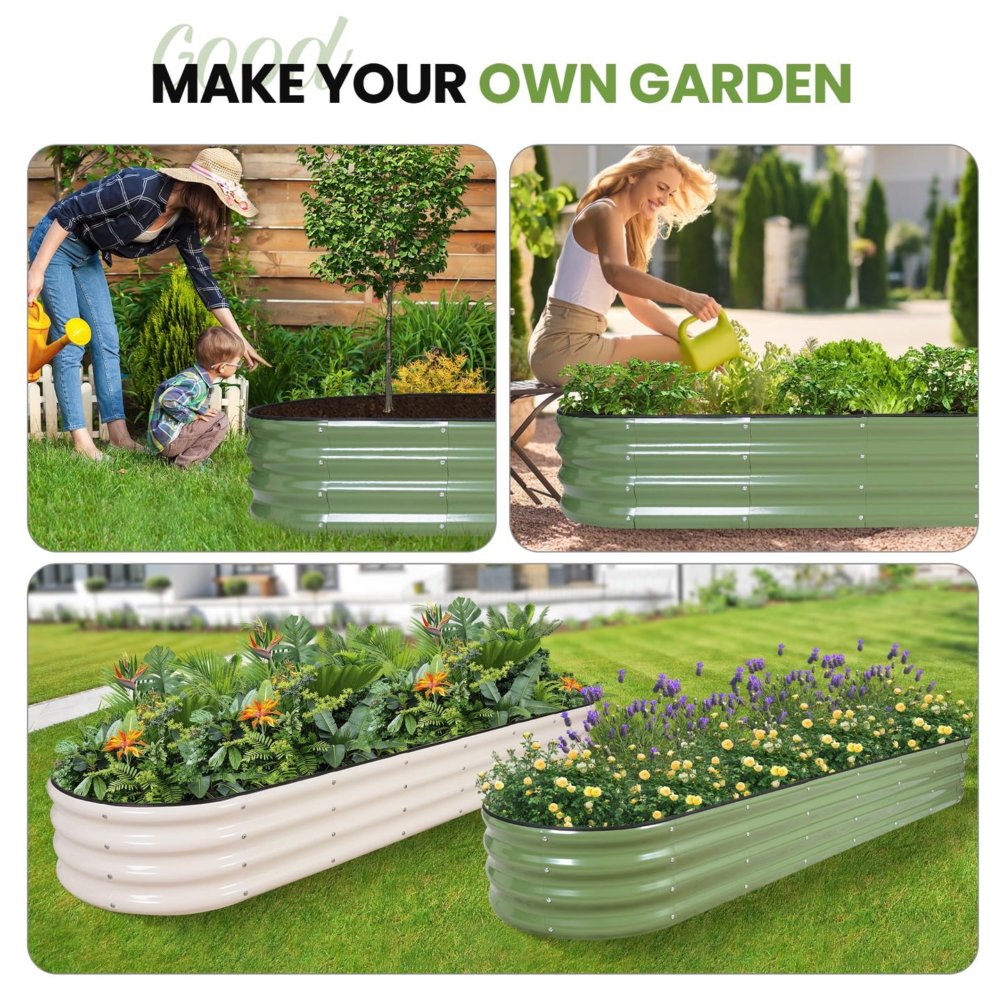 G GOOD GAIN Raised Garden Beds - 8x2x1ft Galvanized Planter Boxes Kit with Protective Tape & Gloves & Tools | Oval Metal Outdoor Raised Bed for Gardening Vegetables, Fruits, Flowers, Herbs, Oliver