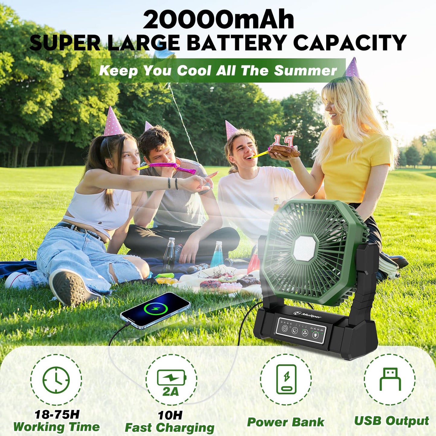 Multper Portable Fan, 20000mAh Camping Fan with LED Lantern & Remote, 4 Speed & 4 Timing Rechargeable Fan for Tent Travel Camping Picnic Beach BBQ