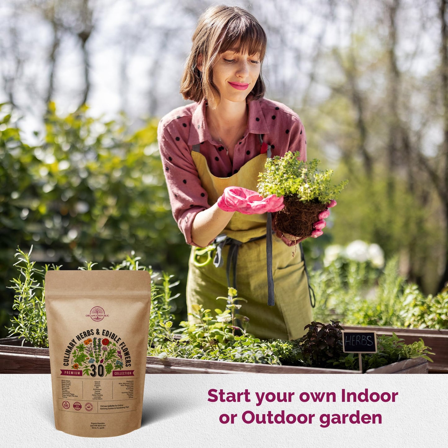 Organo Republic 30 Culinary Herbs & Edible Flower Seeds Variety Pack- Indoor/Outdoor. 7400+ Non-GMO Heirloom Flower Seeds: Basil, Borage, Echinacea, Lavender, Oregano, Rosemary Seeds & More