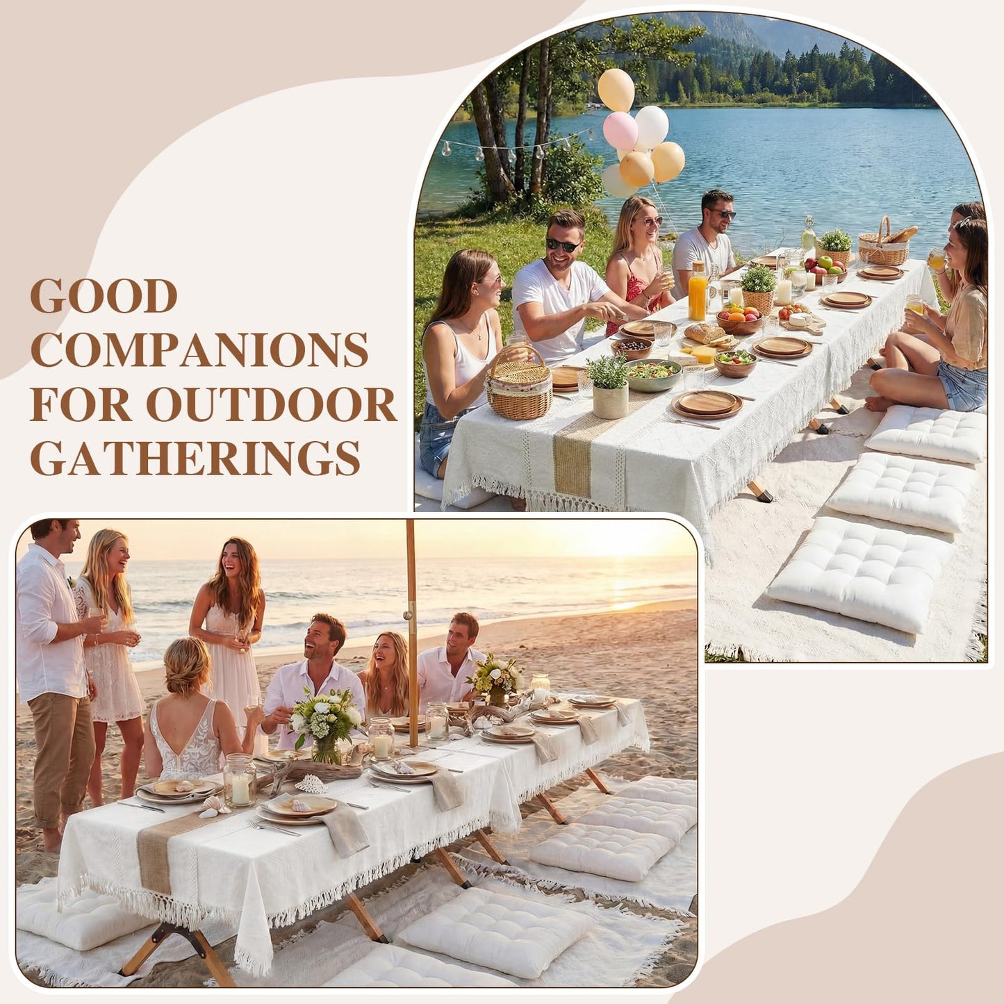 Novabright 20 Pcs Picnic Kit Folding Picnic Table 59'' x 20.5'' Large Outdoor Boho Blanket 91'' x 71'' Beige Table Runner 6 Floor Pillows Cushions Woven Cotton Oversize Washable for Camp Wedding