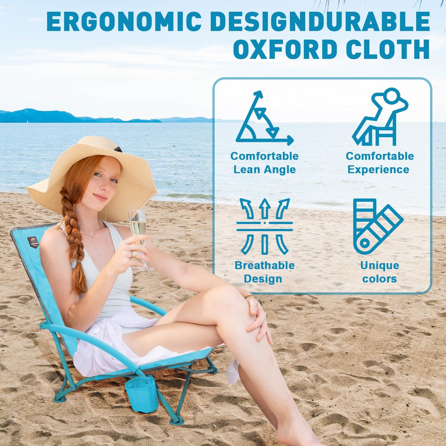 LANMOUNTAIN 2 Pack Low Beach Chair,Folding Recliner Camping Chair for Adults,Lightweight Backpacking Low Seat Camping Chairs with Cup Holder,Carry Bag for Outdoor Camp Lawn Picnic Festival,Blue