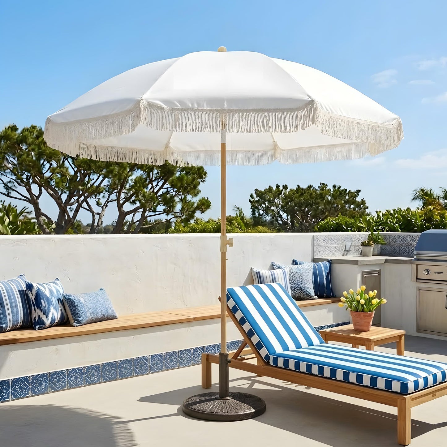 Kbrellaoutlets 7FT Boho Patio Umberlla with Fringe,UPF50+ Outdoor Umbrella with Fiberglass Ribs and Push Button Tilt,Tassels Umbrella for Beach,Terrace,Picnic (Belge)
