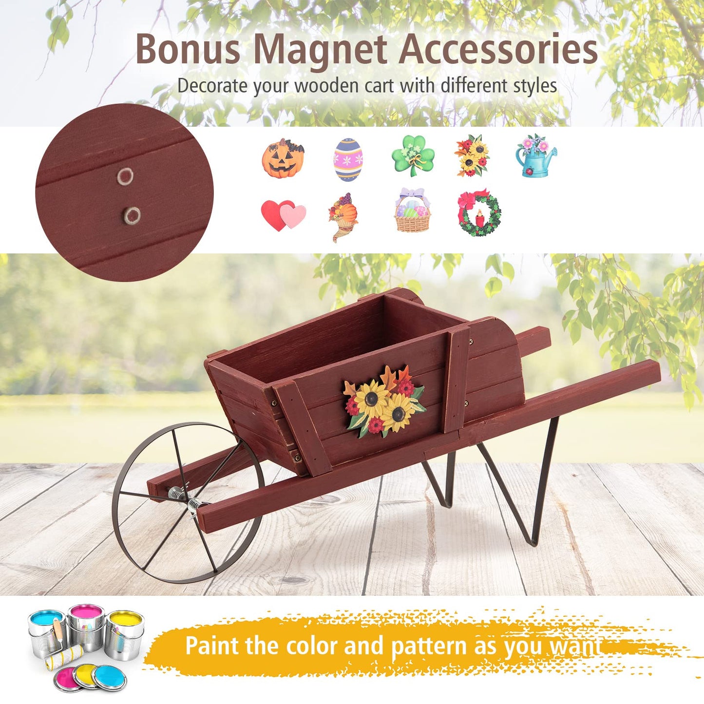CHEFJOY Wooden Wagon Planter, 27.5"x10.5"x11.5" Wheelbarrow Cart Plant Pot with Halloween Decoration & Metal Supports, Single Wheel Movable Garden Flower Cart Planter for Yard, Backyard (Red)