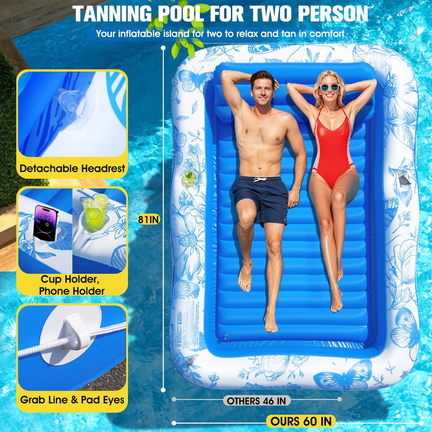 81"x60" Inflatable Tanning Pool Lounger Float with Canopy for Adult,Large Blow Up Sunbathing Bed & Water Raft,Butterfly Pool Floatie with Cup/Phone Holder,5 in 1 Floating Lounge for Pool,Lake,Backyard