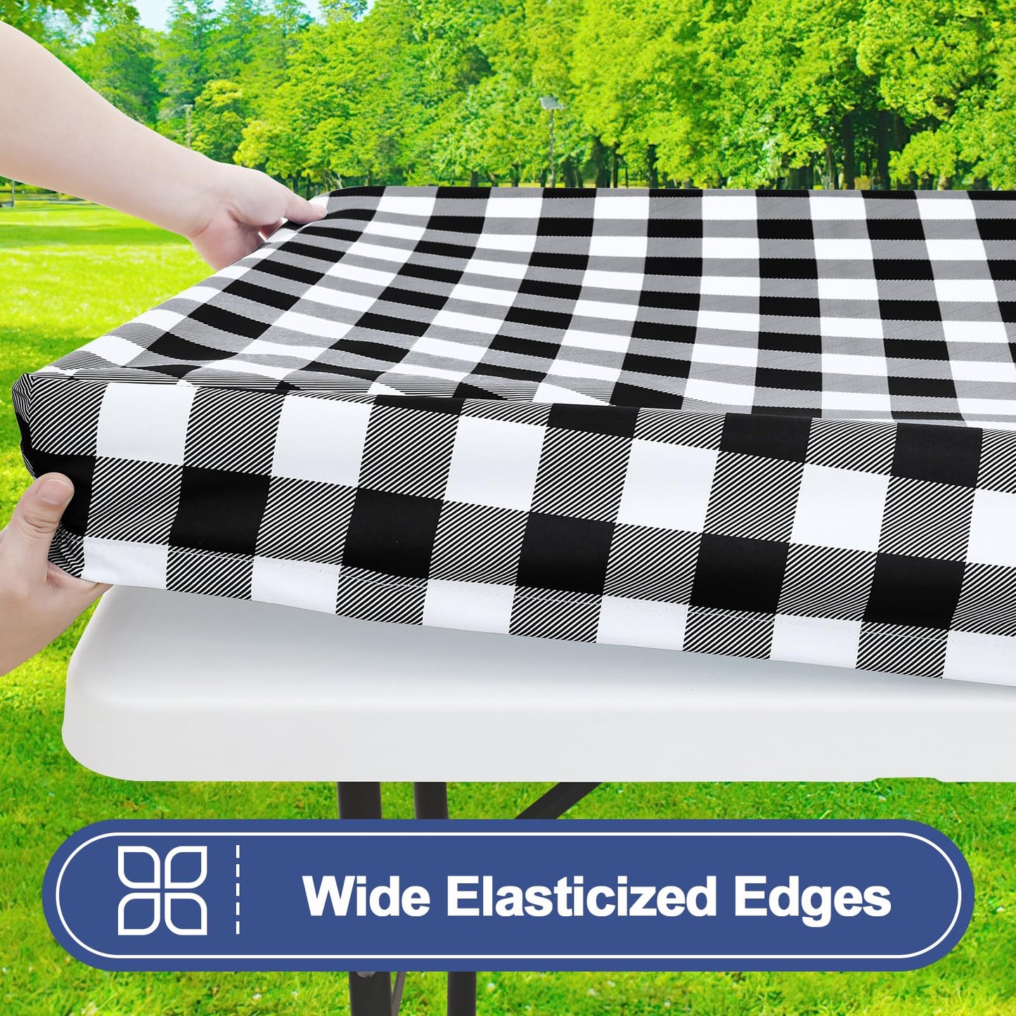 Smiry Picnic Table Cloth 6 Pack, Waterproof Elastic Fitted Tablecloths for 24x48 Rectangle Tables, Washable Polyester Buffalo Plaid Tablecloth for Camping, Dining & Outdoor (Black & White, 24" x 48")