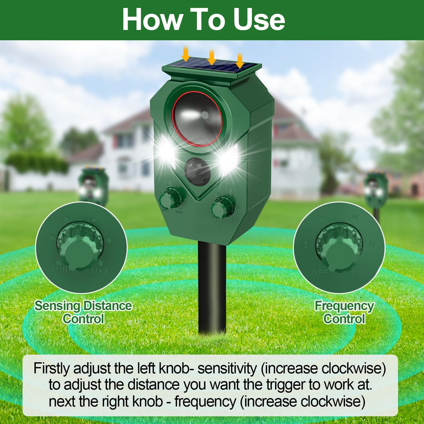 Ultrasonic Animal Repeller Outdoor - Cat Repellent & Deterrent with PIR Sensor & Flashing Light,Solar Powered Deer Repellent for Squirrels, Raccoons, Skunks,Rabbits,and Dogs, IP65 Waterproof （2 Pack）