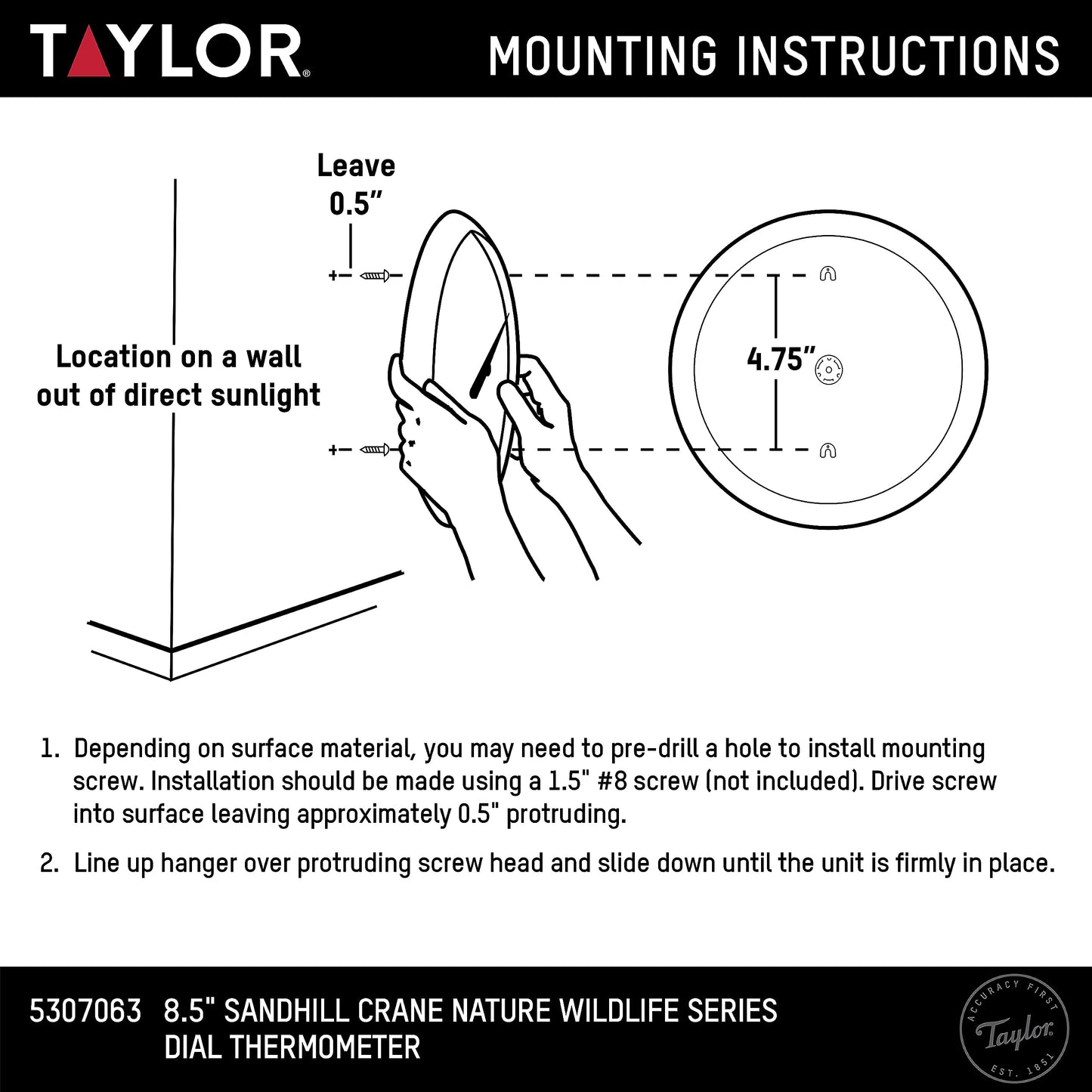 Taylor Nature Series Sandhill Crane Indoor Outdoor Dial Thermometer, Easy to Read Wall Decor for Patio, Pool, Yard, Garden or Garage, 8.5 Inch, Gray Bezel