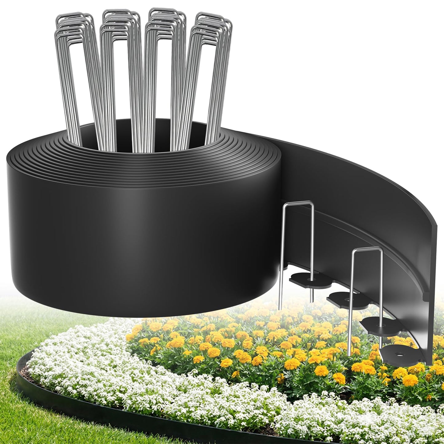 Bluepro Landscape Edging, 4 Inch 33 ft Garden Edging Border Kit with 50 Steel Stakes (Strong) & Reinforced Design - Tall Plastic Lawn Barrier for Flower Beds, Walkways & Yard