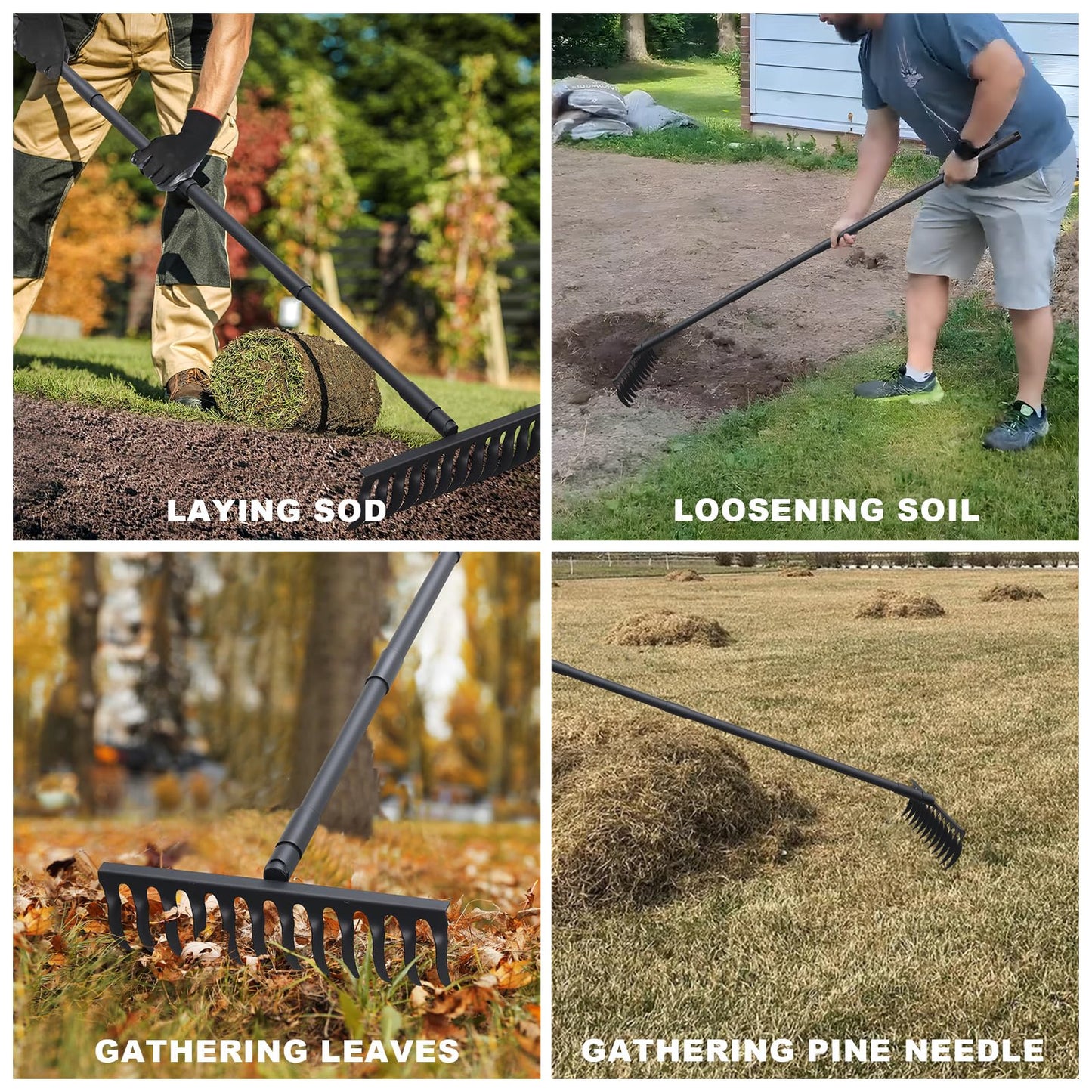 Pragmatist Bow Rake Heavy Duty 60" Metal Head Garden Rake with Adjustable Stainless Steel Handle Garden Tool for Loosening Soil Leveling Mulch Gathering Leaf