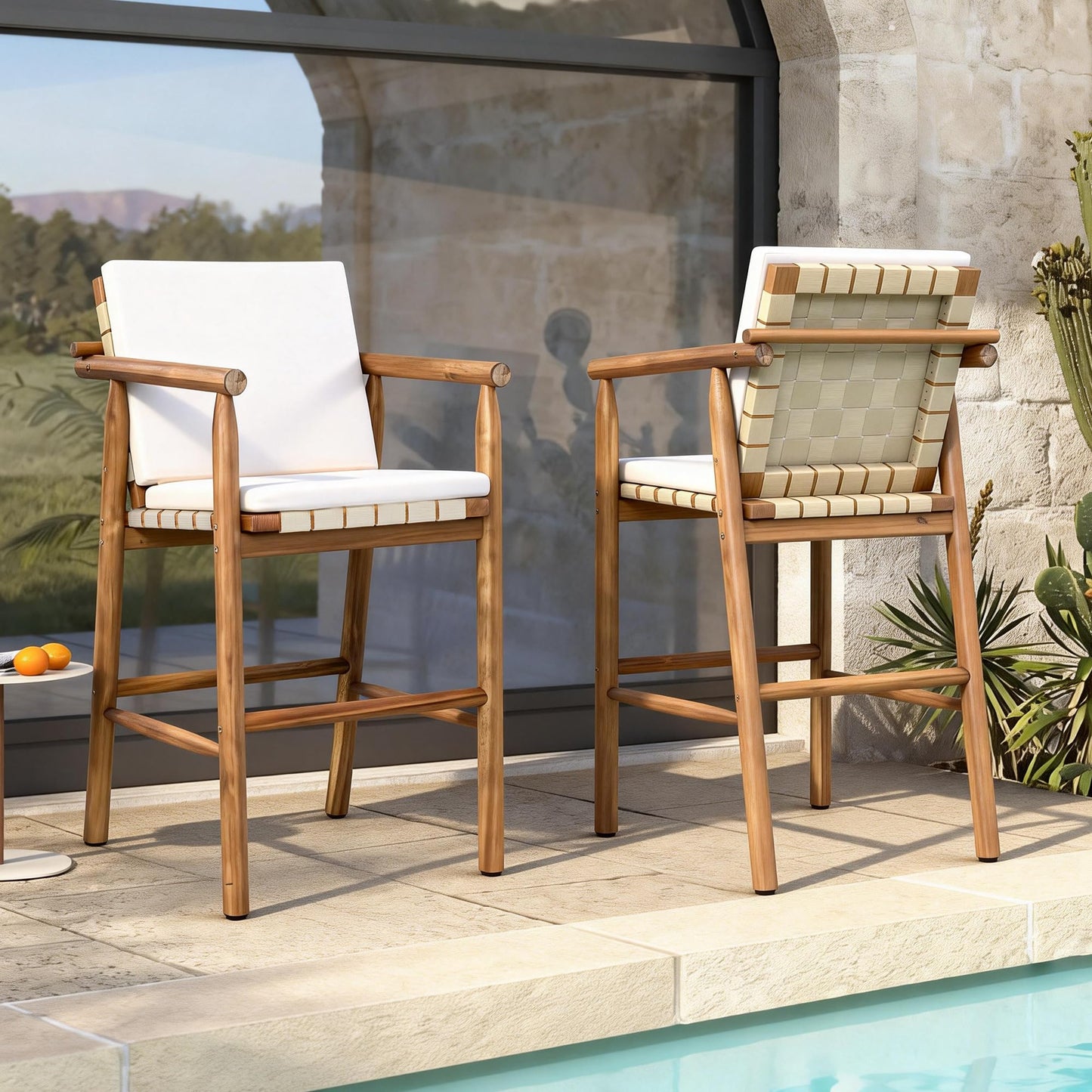 Trygoal Outdoor Bar Stool Set of 2, Patio Bar Chairs with High Back & Arms, Acacia Wood with Breathable Woven Seat, Adjustable Anti-Wobble Feet, for Garden/Deck/Pool, Beige Cushions Included