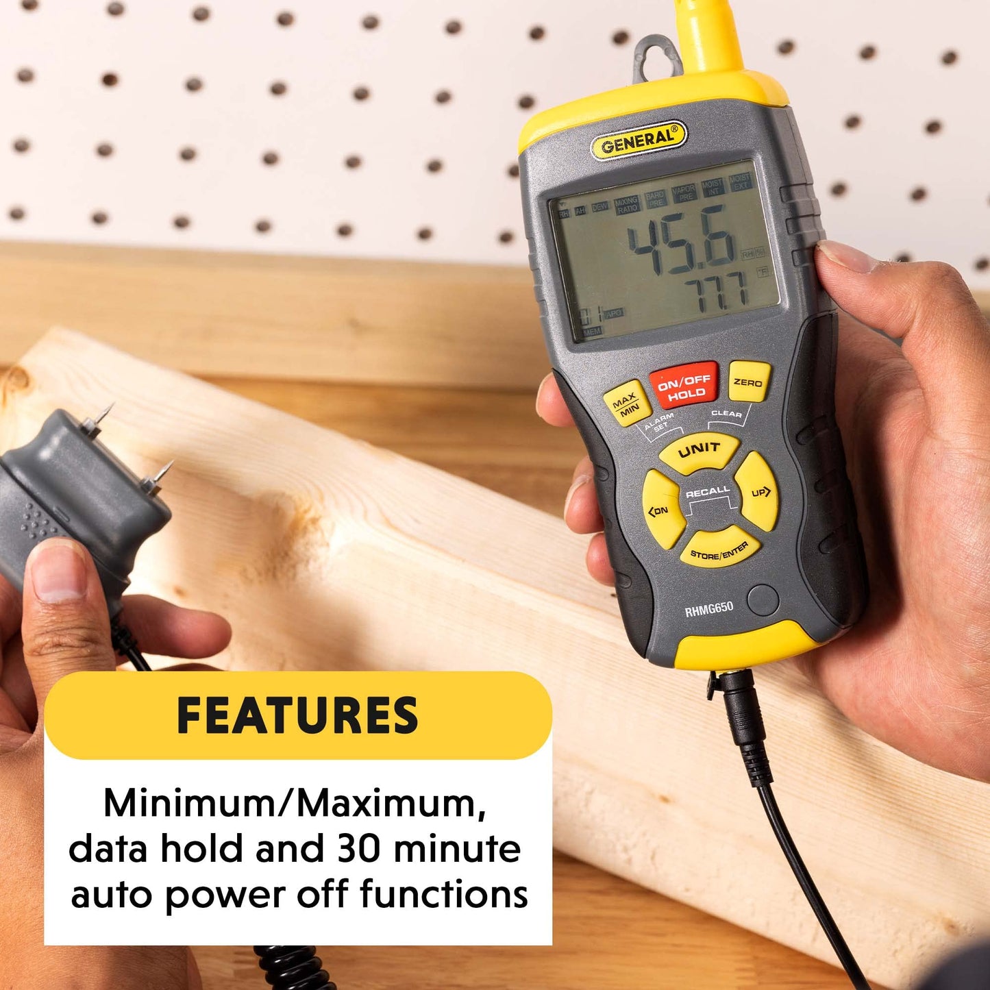 General Tools RHMG650 9-In-1 Thermo-Hygrometer with Pin/Pinless Moisture Meter