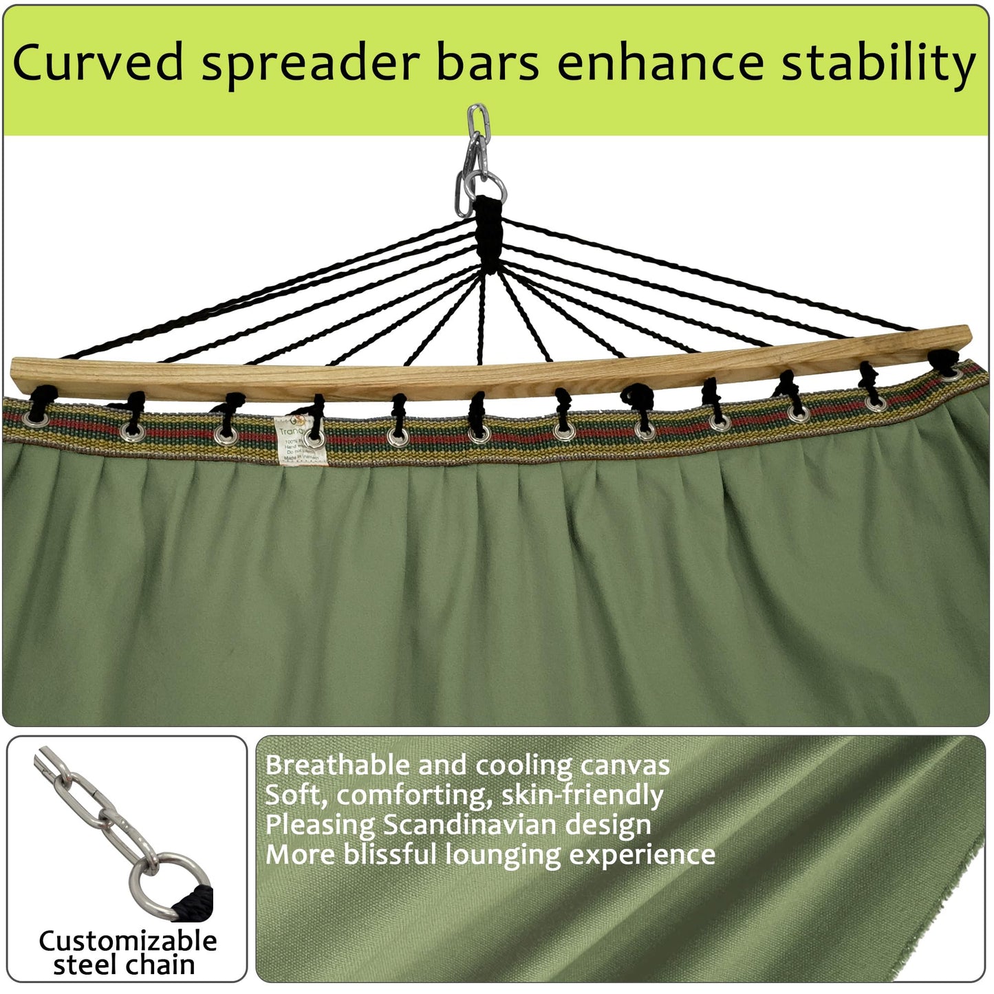 Tranquillo Double Hammock 2 Persons Cotton Canvas 600 lbs Portable Camping Hammock with Solid Curved Wood Spreader Bar Hammock for Camping Travel Indoor Patio Garden, Sage