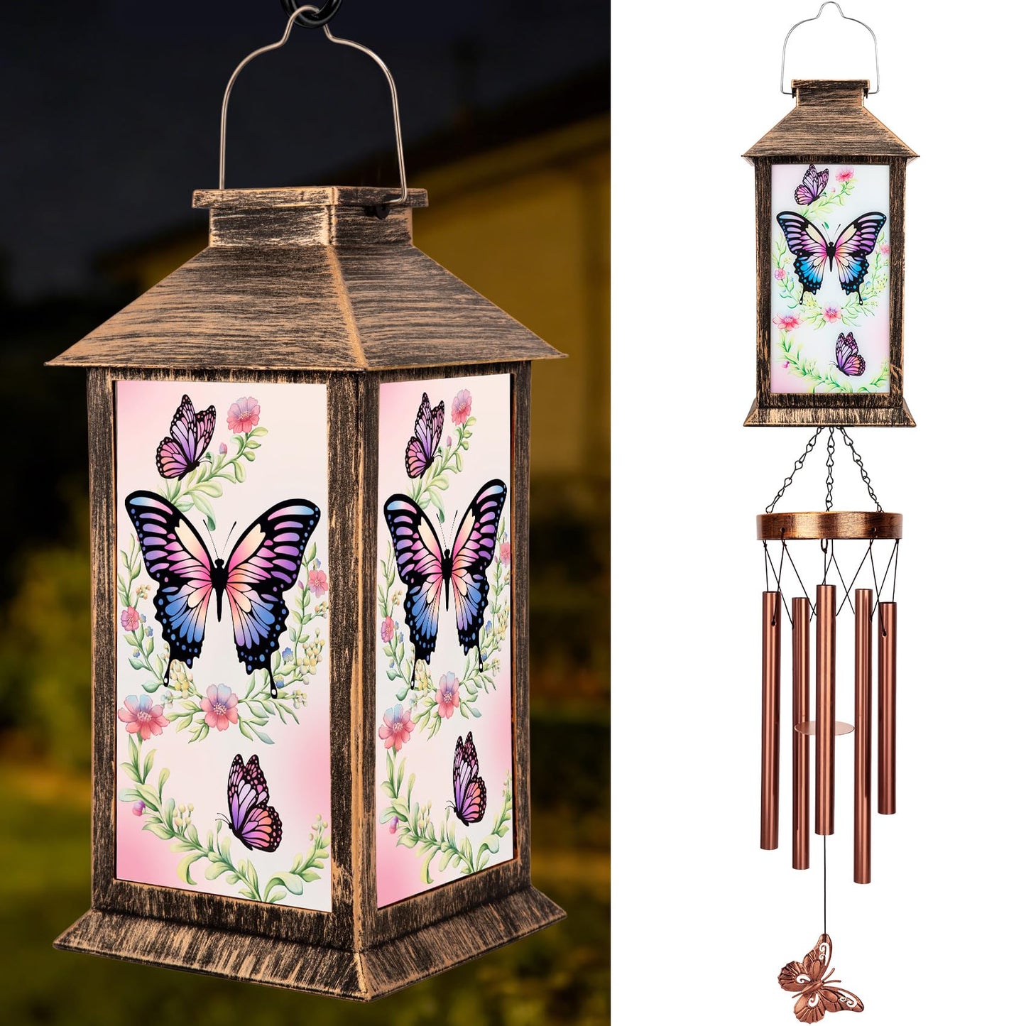 YHmall Wind Chimes for Outside, 37" Hanging Solar Windchimes Outdoors Memorial Butterfly Gifts for Women Mom Grandma, Solar Lanterns Wind Chimes for Home Patio Yard Garden Decor