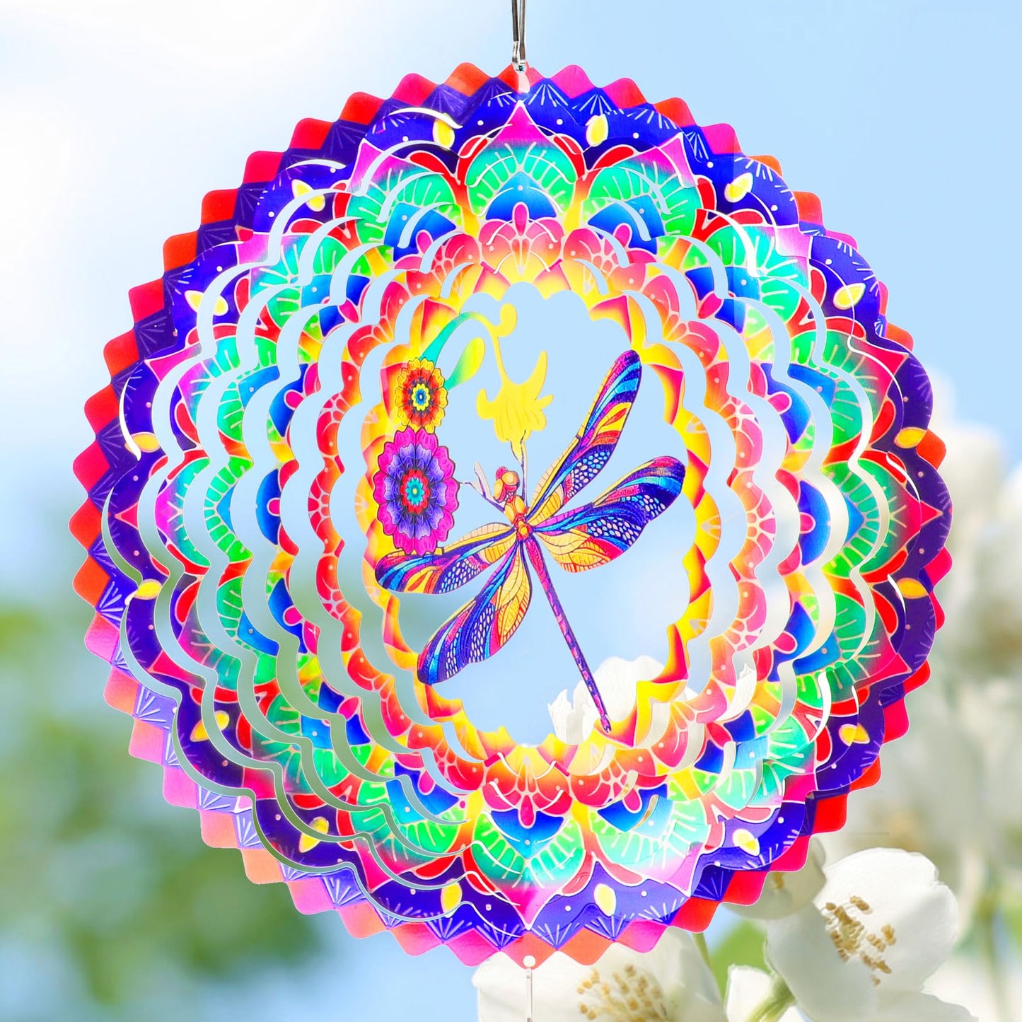 Dragonfly Mandala Wind Spinners Garden Yard Decor Gift for Women Men, 12 Inch Outdoor Metal 3D Wind Spinner, Stainless Steel Hanging Wind Catchers Kinetic Sculpture for Outside Decoration