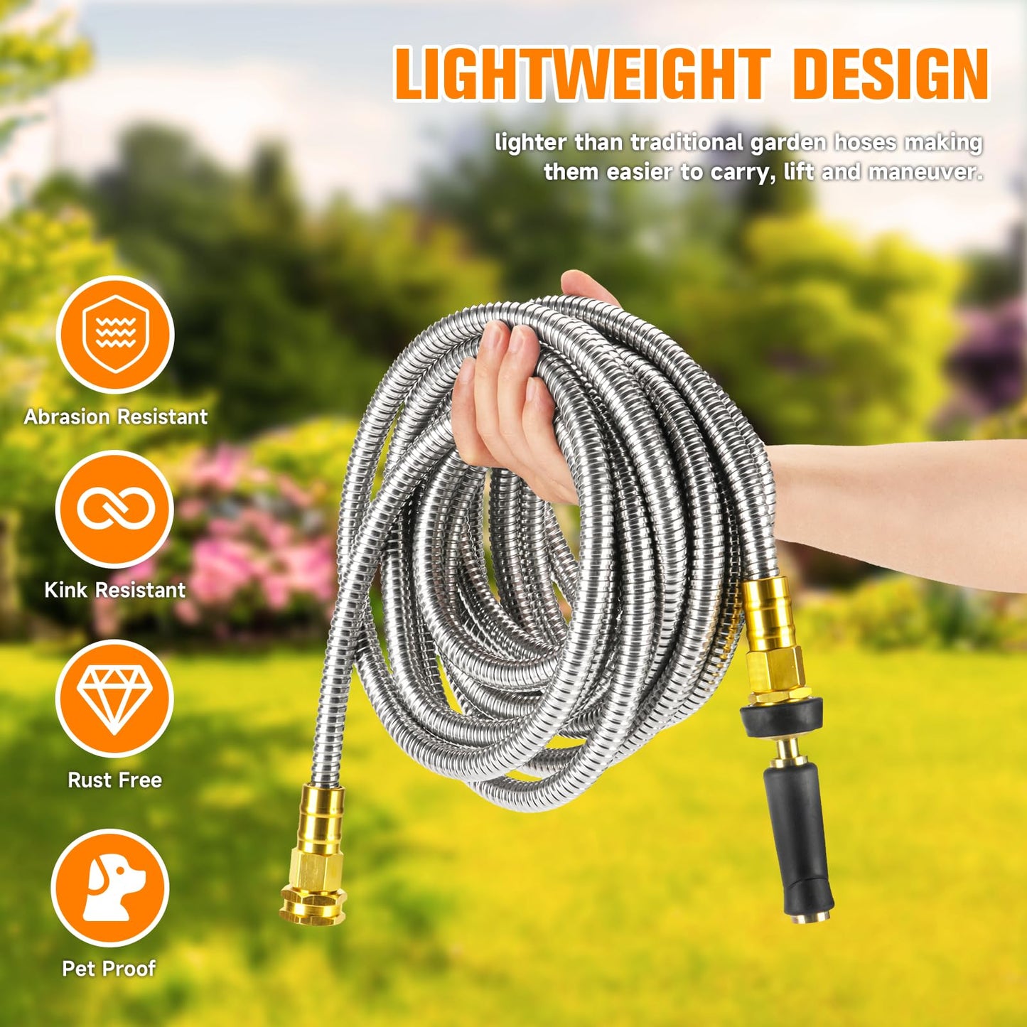 Rosy Earth Garden Hose 100 FT, Heavy Duty 304 Stainless Steel Flexible Water Hose, No-Kink, No Bite, Expandable Water Hose for Yard, RV, Car