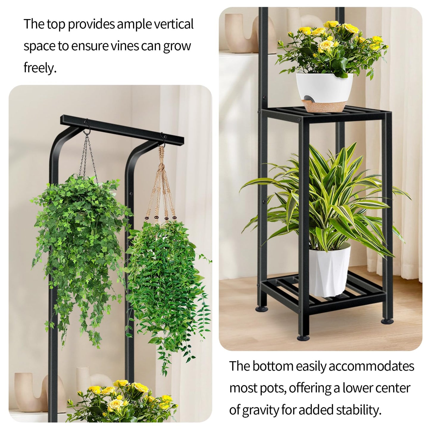 LLAXERGU Plant Stand Indoor Outdoor, 65" Tall Plant Stand Outdoor 3 Tiered Hanging Plant Shelf Heavy Duty Flower Stand Multiple Plant Metal Display Rack for Living Room Garden Balcony