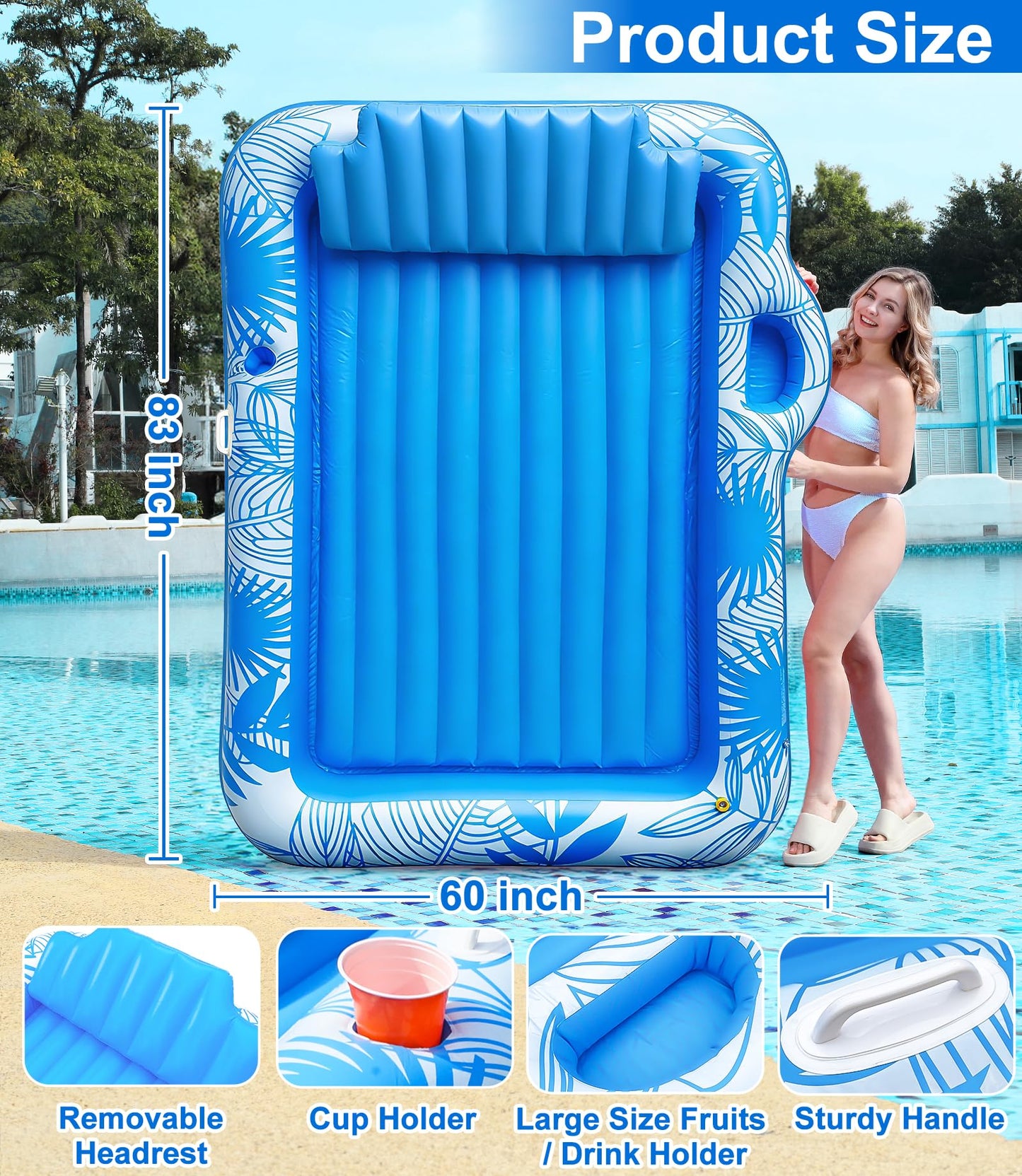 83" X 60" Inflatable Tanning Pool Lounger Float with Sprinkler, Extra Large Pool Float Adults with Pillow, 6 in 1 Suntan Tub Raft Floatie Toys with Drink Holder Sunbathing Water Filled Tanning Bed