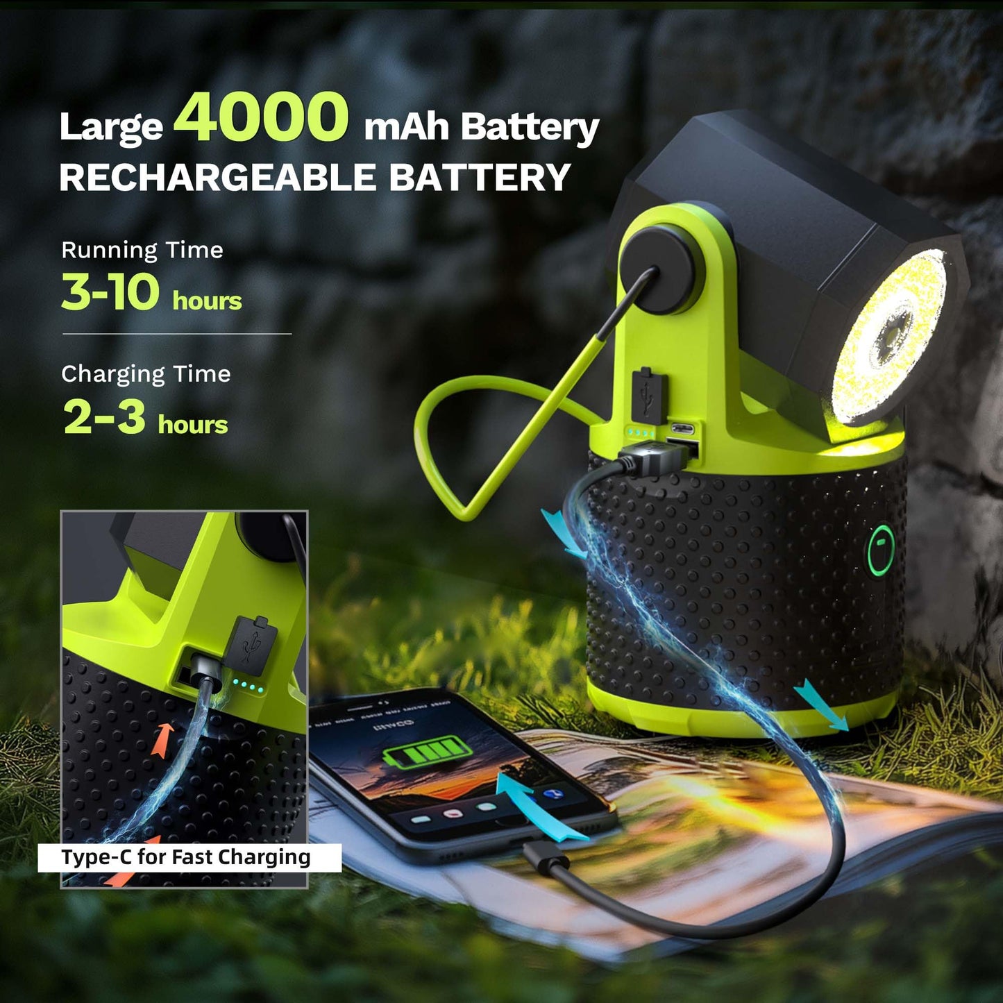 CLAKAP LED Camping Lantern, 3000Lumens Rechargeable 180°Rotatable Flashlight Lantern, Portable Camping Light with 4000mAh Phone Charger, IPX4 Waterproof Lanterns for Power Outages Hurricane