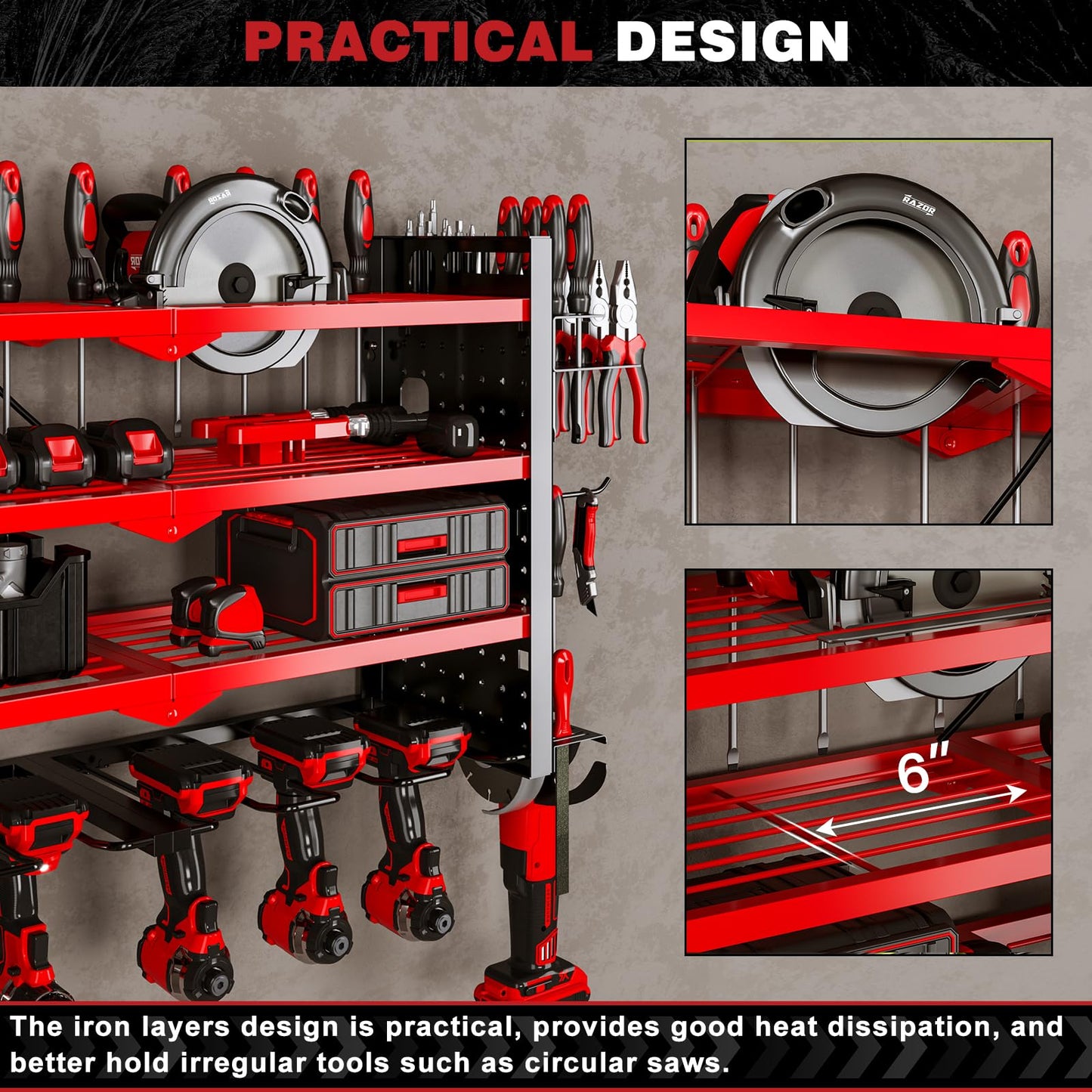 NattyDot Power Tool Organizer Wall Mount with Charging Station 4 Layer 6 Slot Cordless Drill Holder with Angle Grinder Holder (Red)