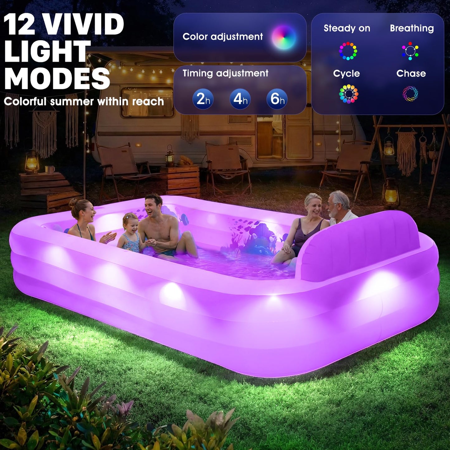 AixPool Extra Large Inflatable Pool With Lights,Upgraded Solar Powered Blow Up Pool For Adults,Inflatable Kids Swimming Pool with Seat& Backrest,Big Inflatable Kids Pool For Backyard,120x73x20IN-White