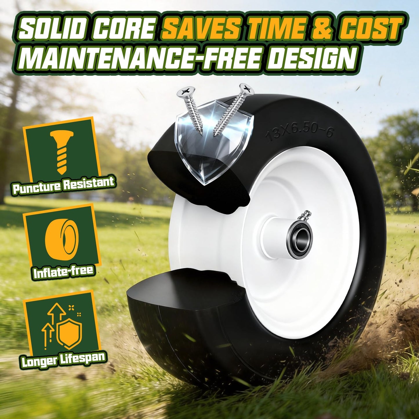 QILINGLORY 13x6.50-6 Flat Free Lawn Mower Tires and Wheel with 3/4" bearing bore Flat-Free, with 5/8” Bearings & Spacers, Fits Riding Mower, Zero Turn, Garden Tractor, 500 lbs Capacity, 2-Pack