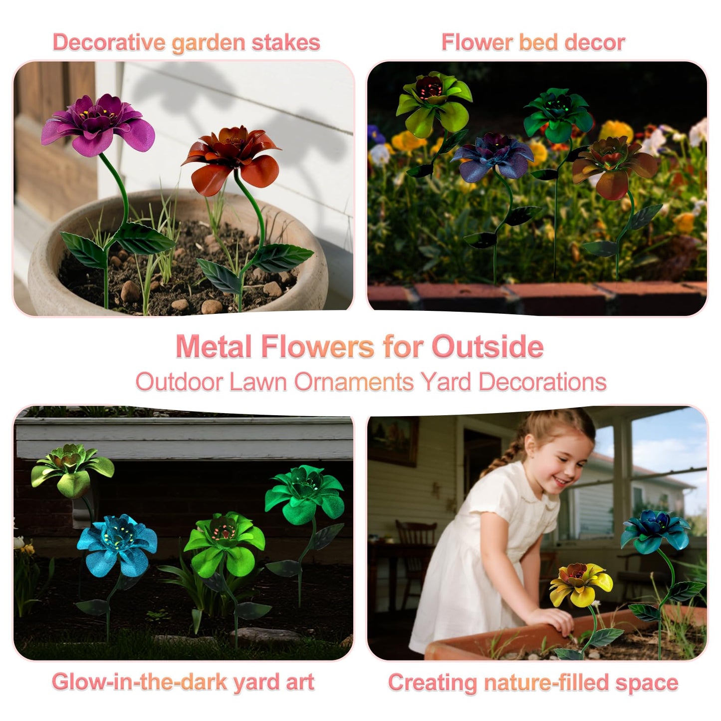 gronhof Glow-in-the-Dark Metal Flower Garden Stakes, 4 Pack Waterproof Outdoor Yard Art, Rust-Resistant Floral Decor for Lawn, Planters, Pathway & Patio, No Battery Needed