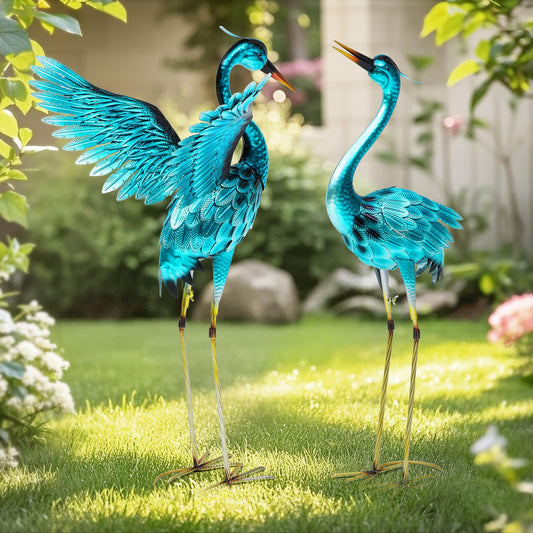 Autodaya 36.75" Metal Crane Garden Statue, Handcrafted Oversized Blue Heron Decor Sculptures with Stable U-Ground Stakes, Backyard Decoration, Metal Garden Bird Animal Yard Art, Lawn Ornament Decor